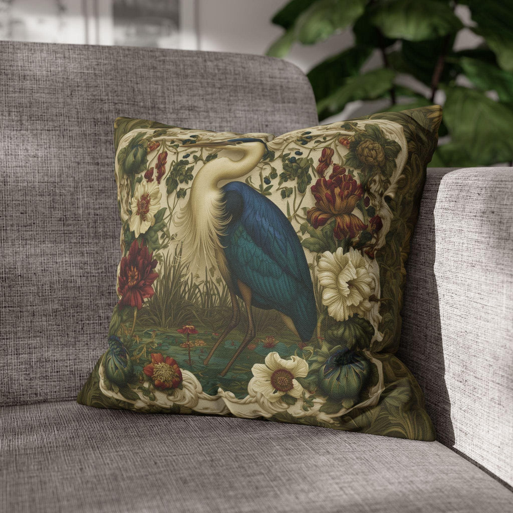 William Morris Style Heron Pillow Cover: Botanical Marsh Floral Art