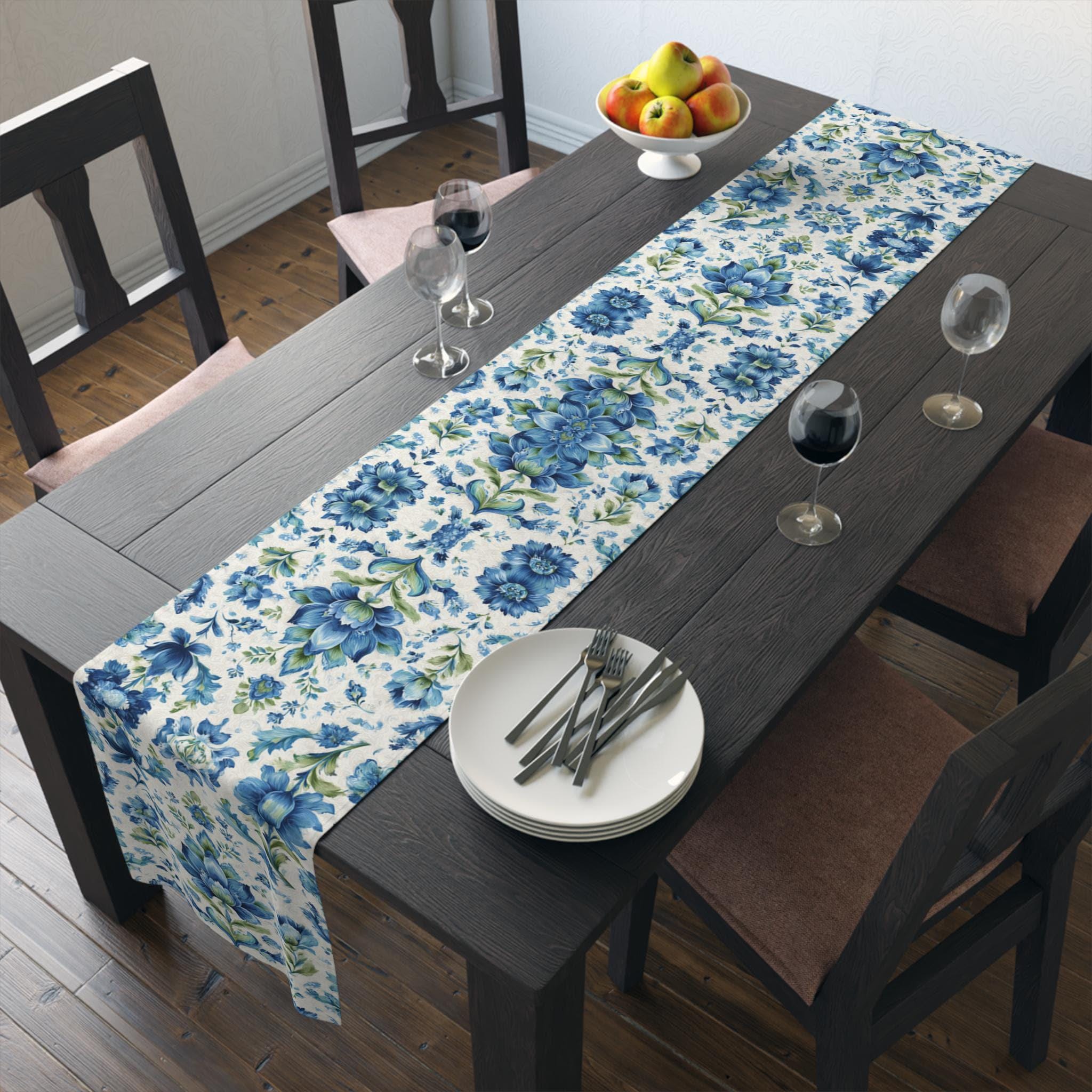 Jacobean Floral Table Runner: Blue-Green Vintage-Inspired Botanical Print for Elegant Dining Decor
