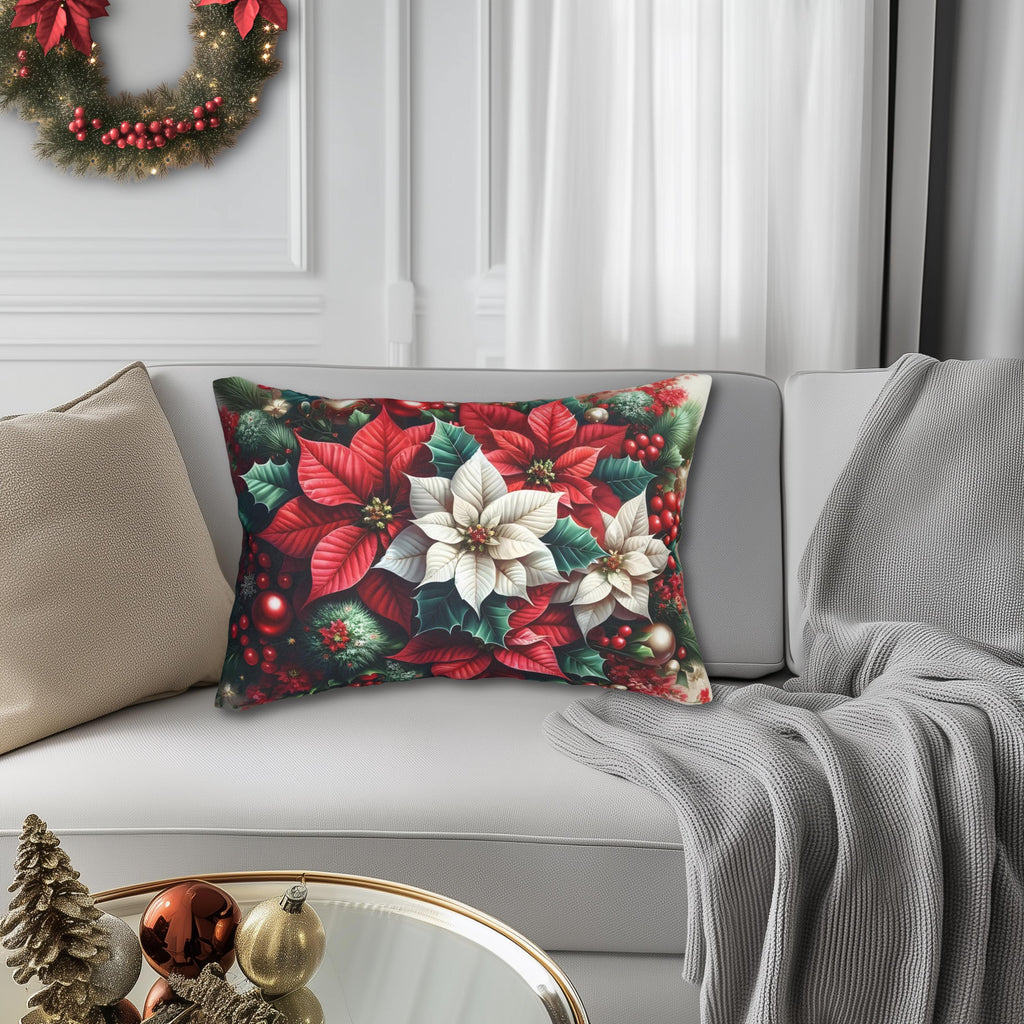 Poinsettia Christmas Lumbar Pillow Cover Red White Holiday Floral Accent in Festive Winter Style