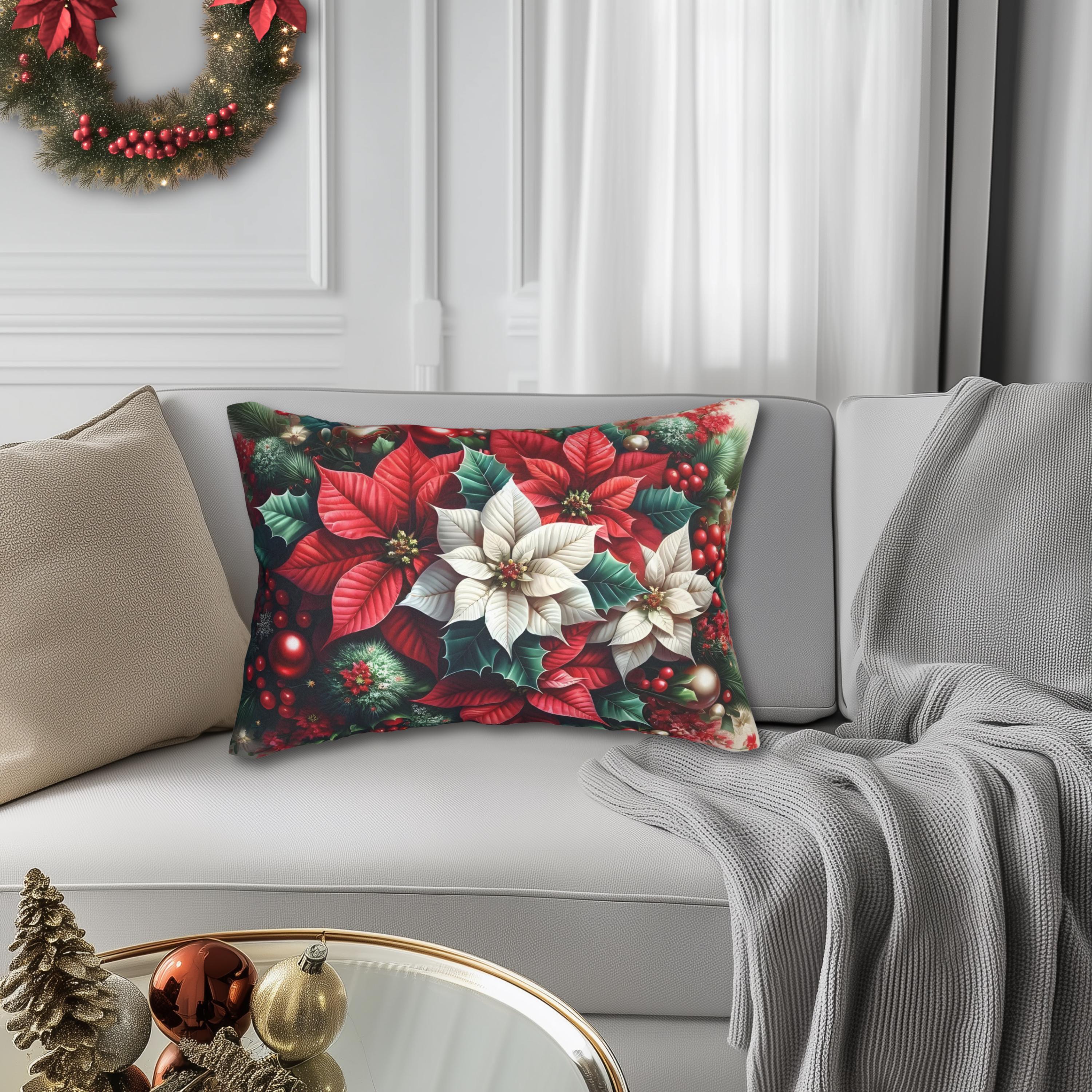 Poinsettia Christmas Lumbar Pillow Cover Red White Holiday Floral Accent in Festive Winter Style