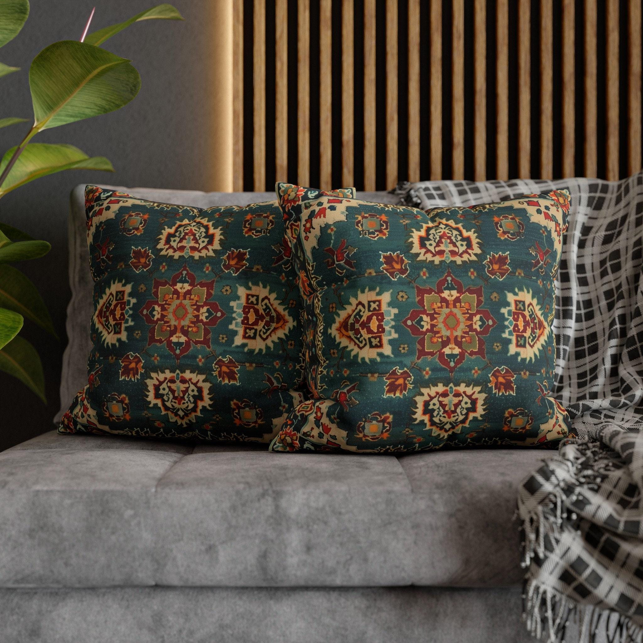 Turkish Rug-Inspired Throw Pillow Cover: Deep Teal & Warm Red Medallion Pattern Square Cushion