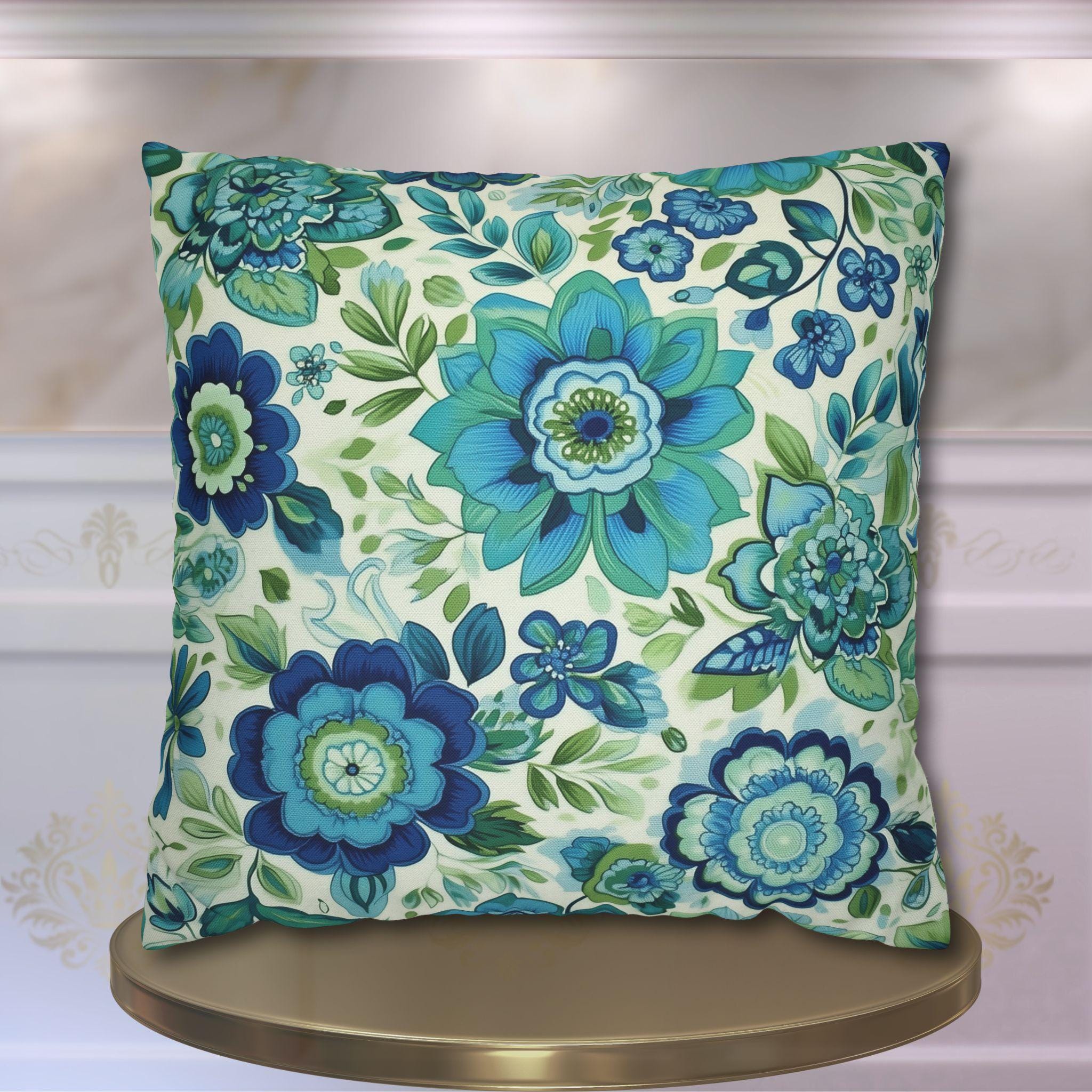 Vibrant Jacobean Floral Pillow Cover: Vintage-Inspired Blue & Green Botanical Accent for Eclectic Decor