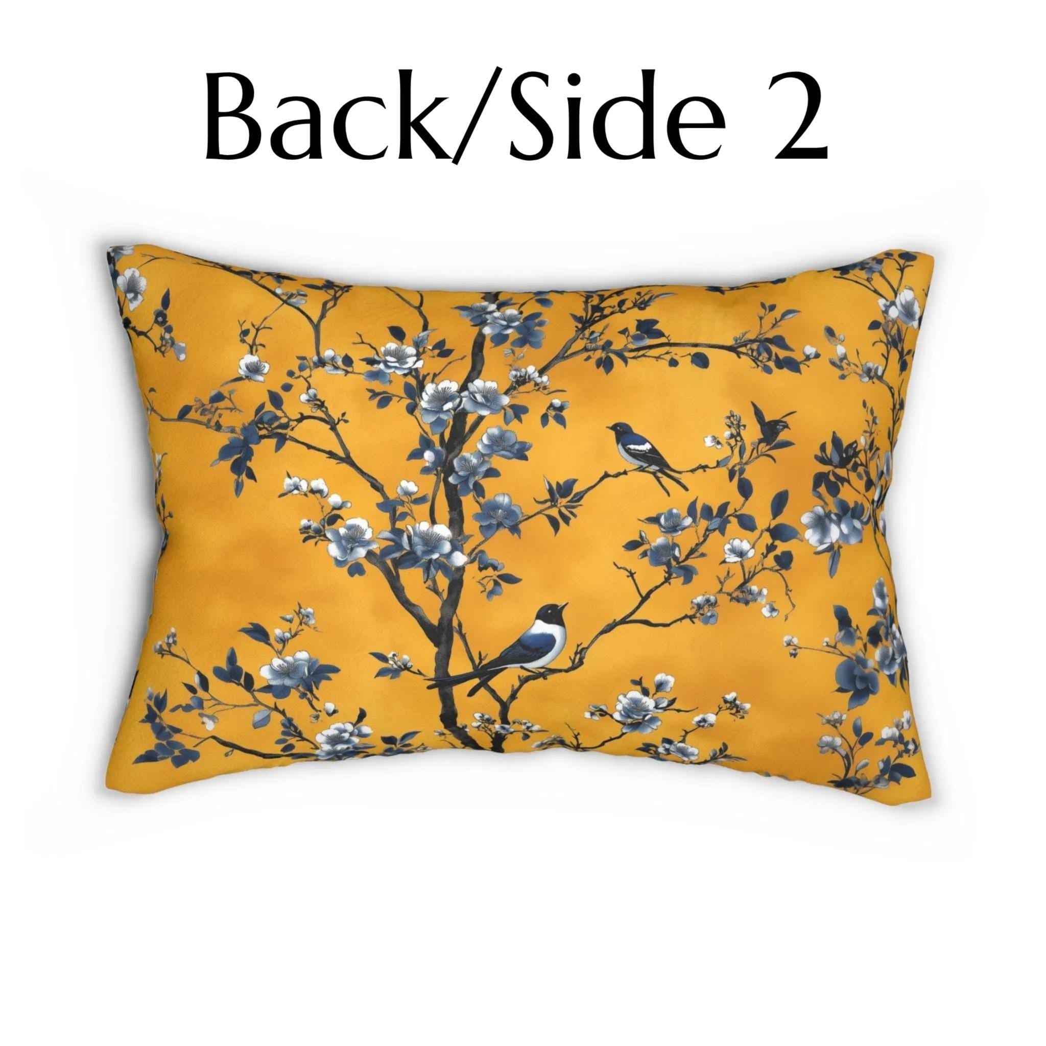 Elegant Chinoiserie Bird Lumbar Pillow: Golden Yellow & Blue Floral Cushion for Eclectic Decor