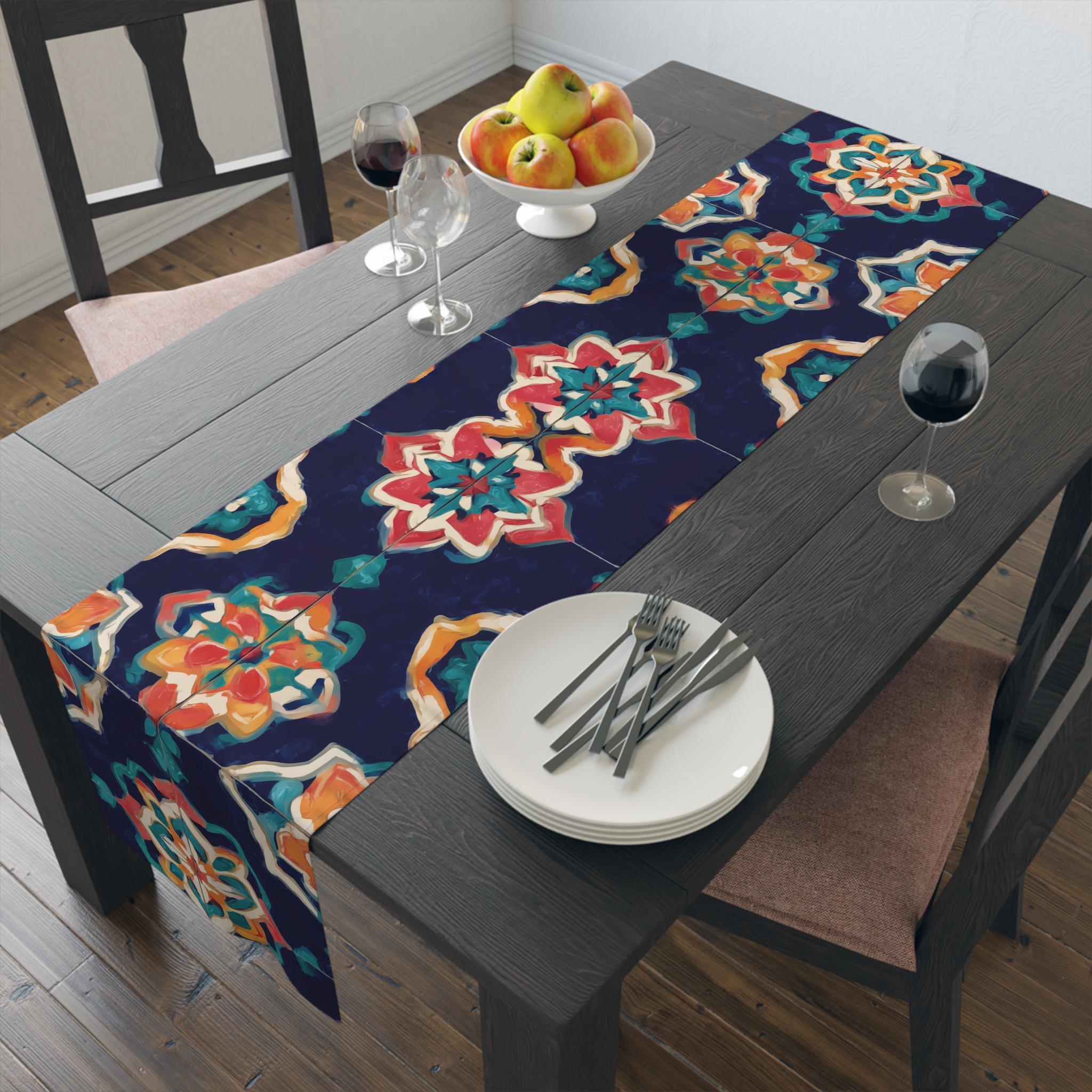 Bohemian Mandala Table Runner: Navy, Coral, Gold & Teal Tile Design for Eclectic Home Decor