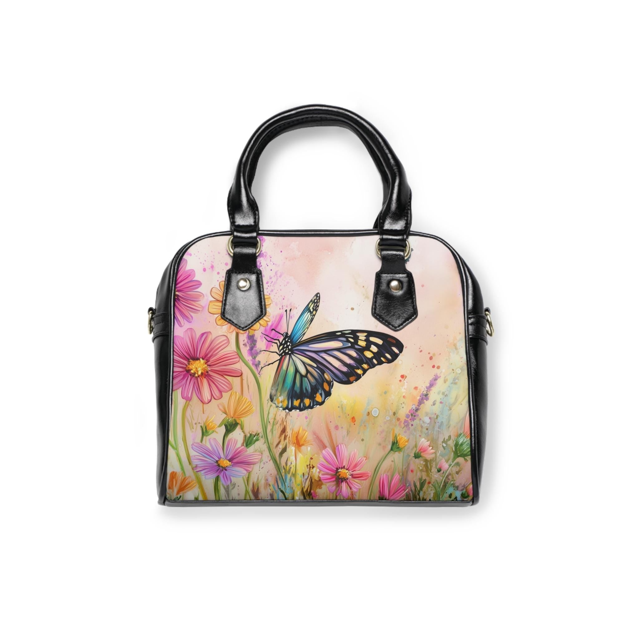 Butterfly Floral Vegan Leather Handbag: Spring Shoulder Satchel with Strap for Women