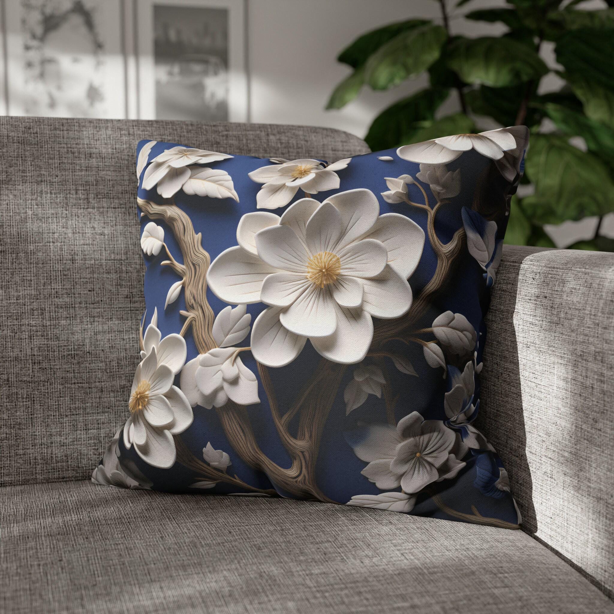 Elegant Chinoiserie White Blossom Pillow Cover | Blue Floral Art | Serene Asian-Inspired Decor