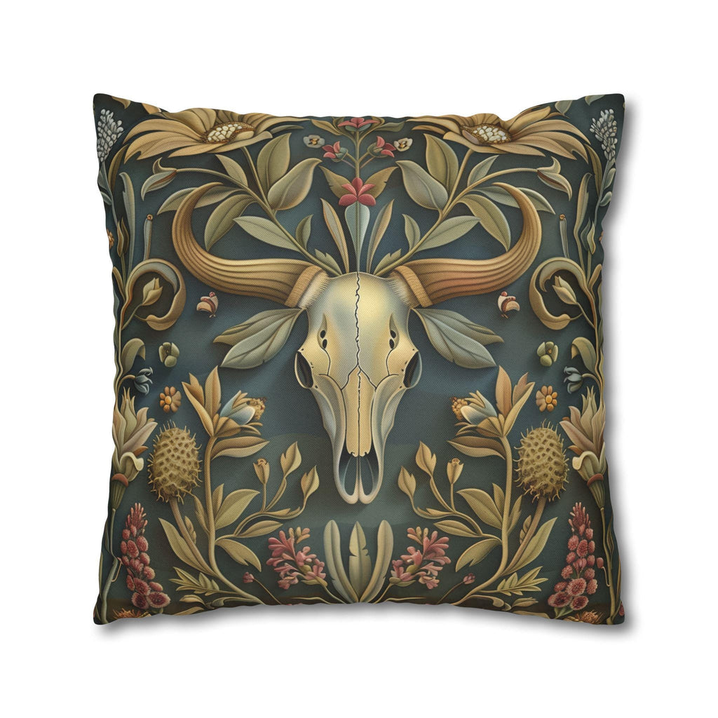 Longhorn Skull Floral Pillow Cover: Western Arts & Crafts Decor with Morris-Inspired Southwest Design
