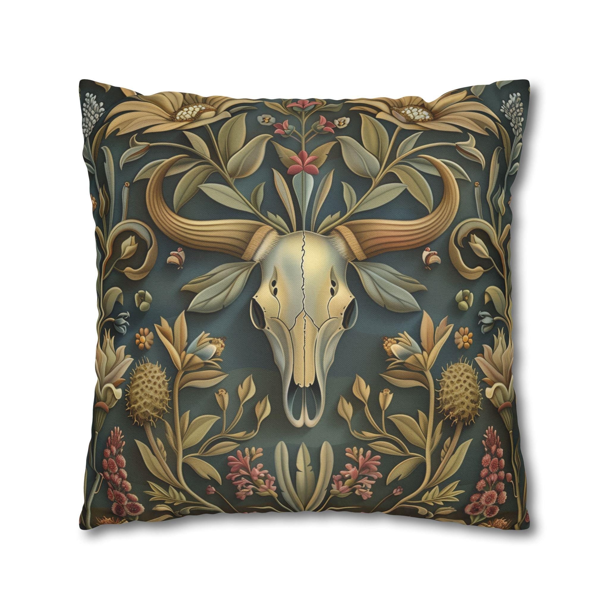 Longhorn Skull Floral Pillow Cover: Western Arts & Crafts Decor with Morris-Inspired Southwest Design