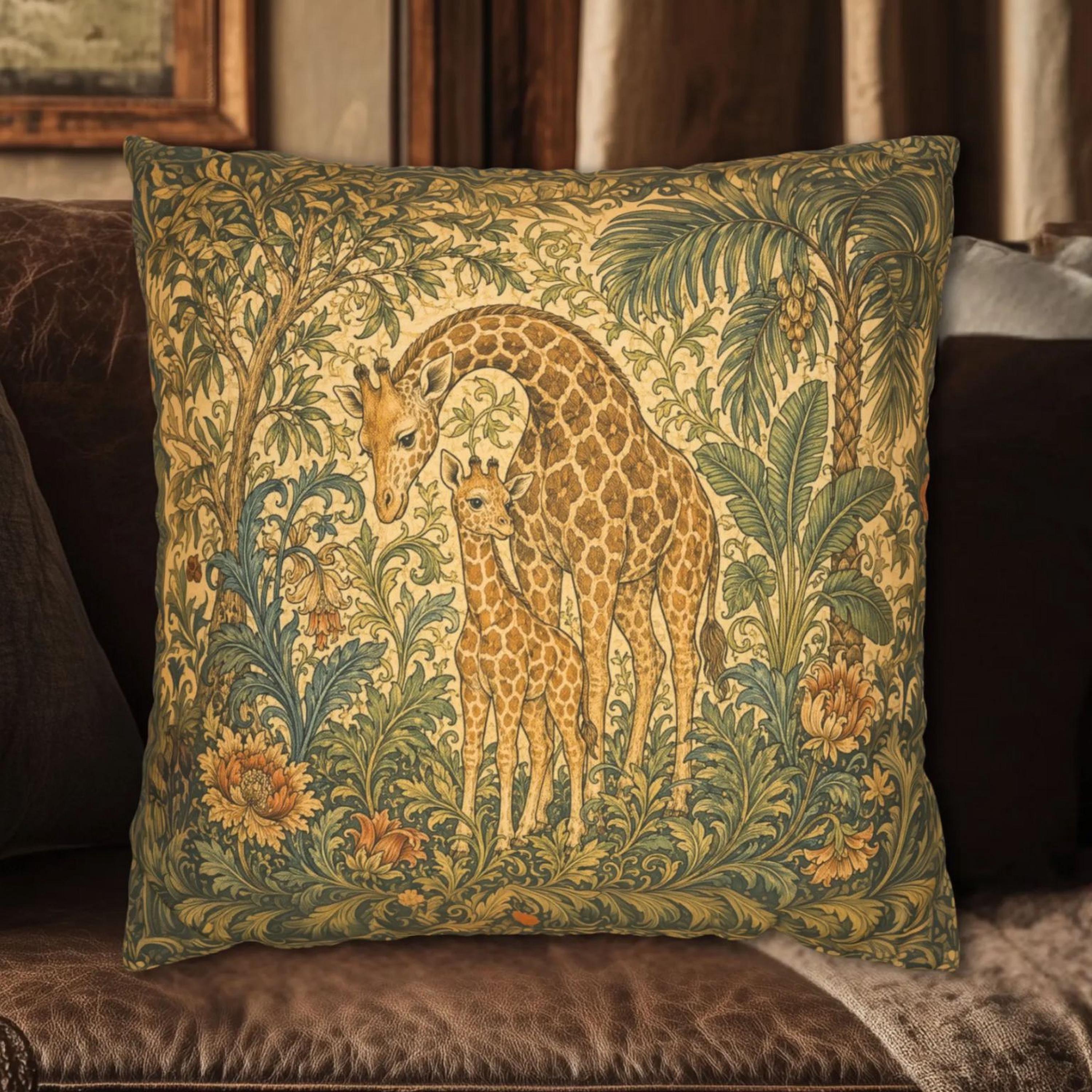 William Morris Style Throw Pillow Cover:  Giraffe Jungle Botanical Design