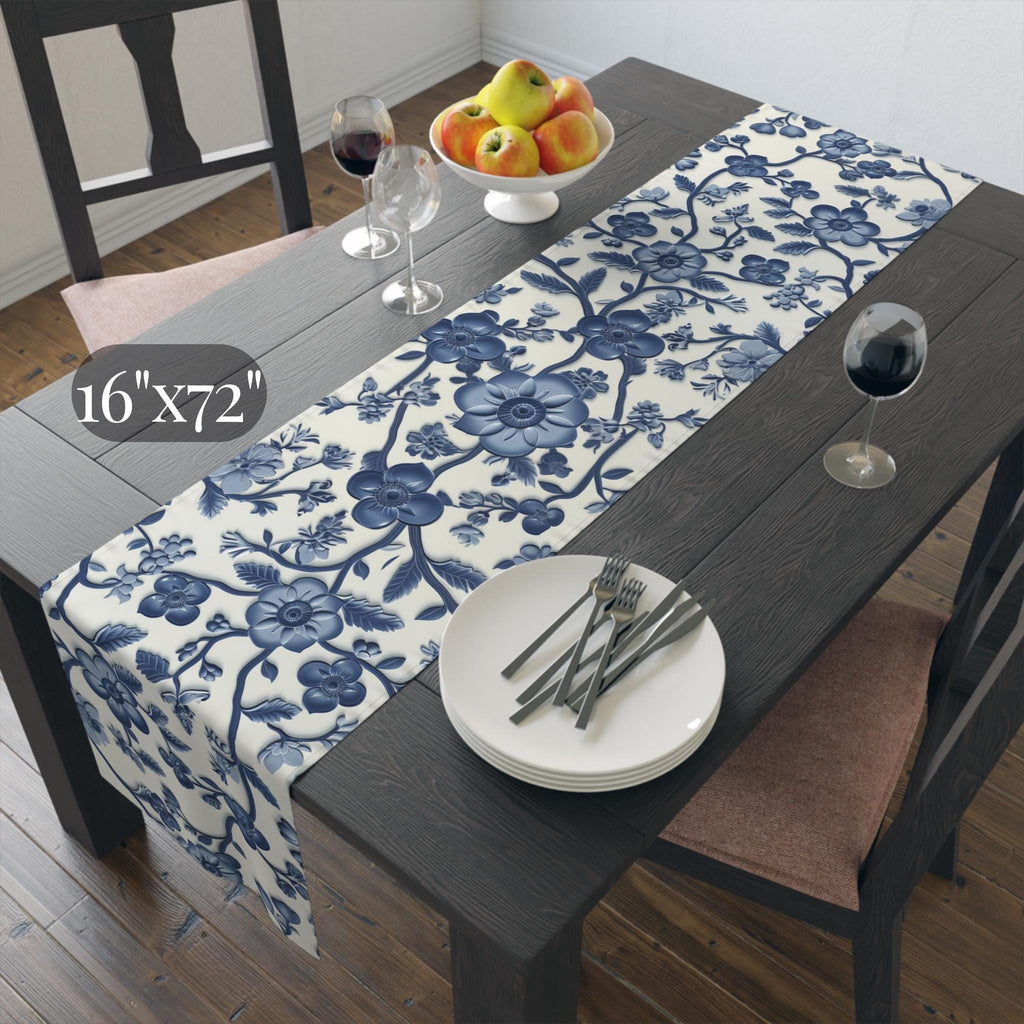 Elegant Chinoiserie Blue & White Table Runner: Traditional Pottery-Inspired Dining Decor