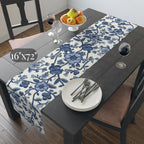 Elegant Chinoiserie Blue & White Table Runner: Traditional Pottery-Inspired Dining Decor