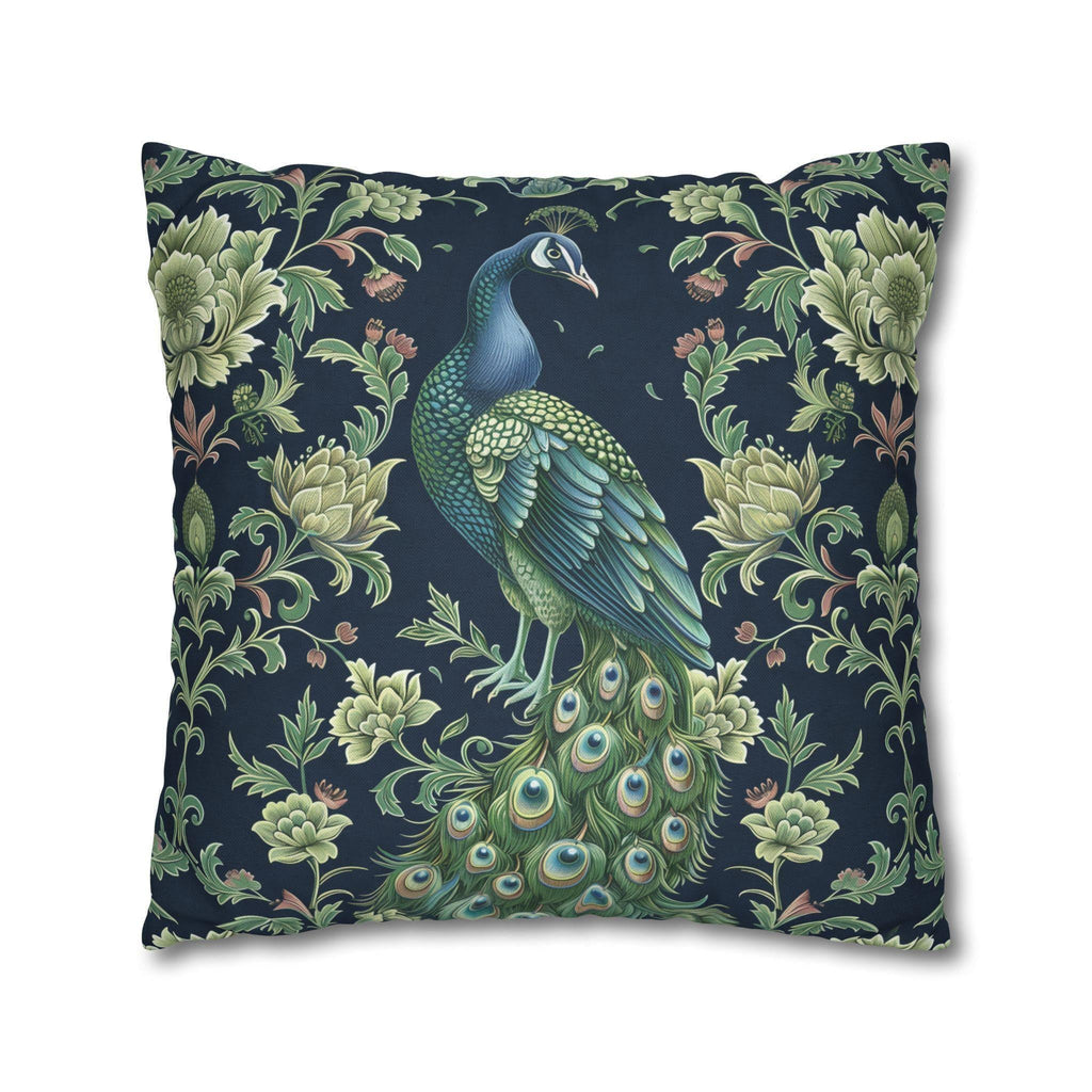 Peacock and Floral Pillow Cover | Elegant Navy Blue Background | Nature-Inspired Home Decor