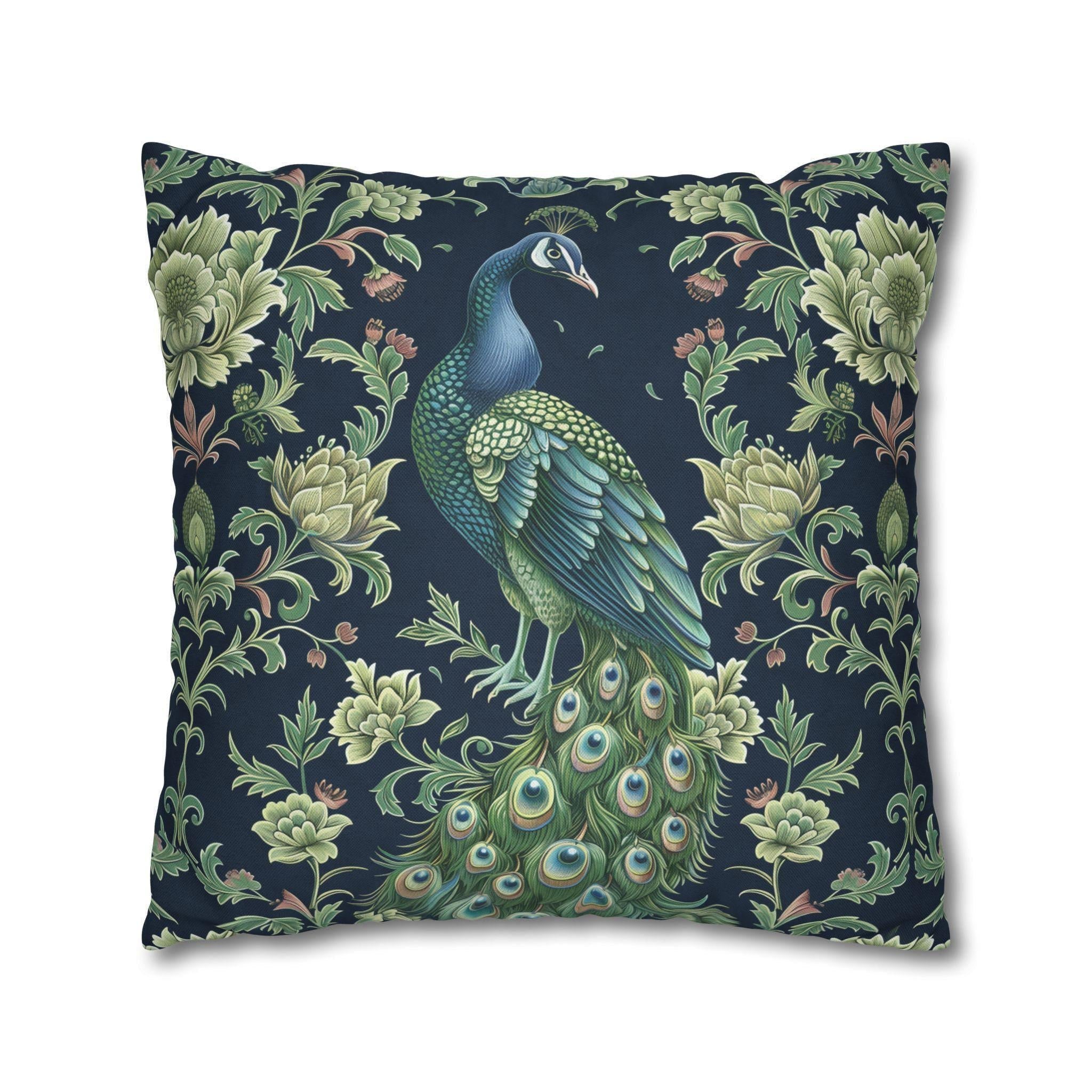 Peacock and Floral Pillow Cover | Elegant Navy Blue Background | Nature-Inspired Home Decor