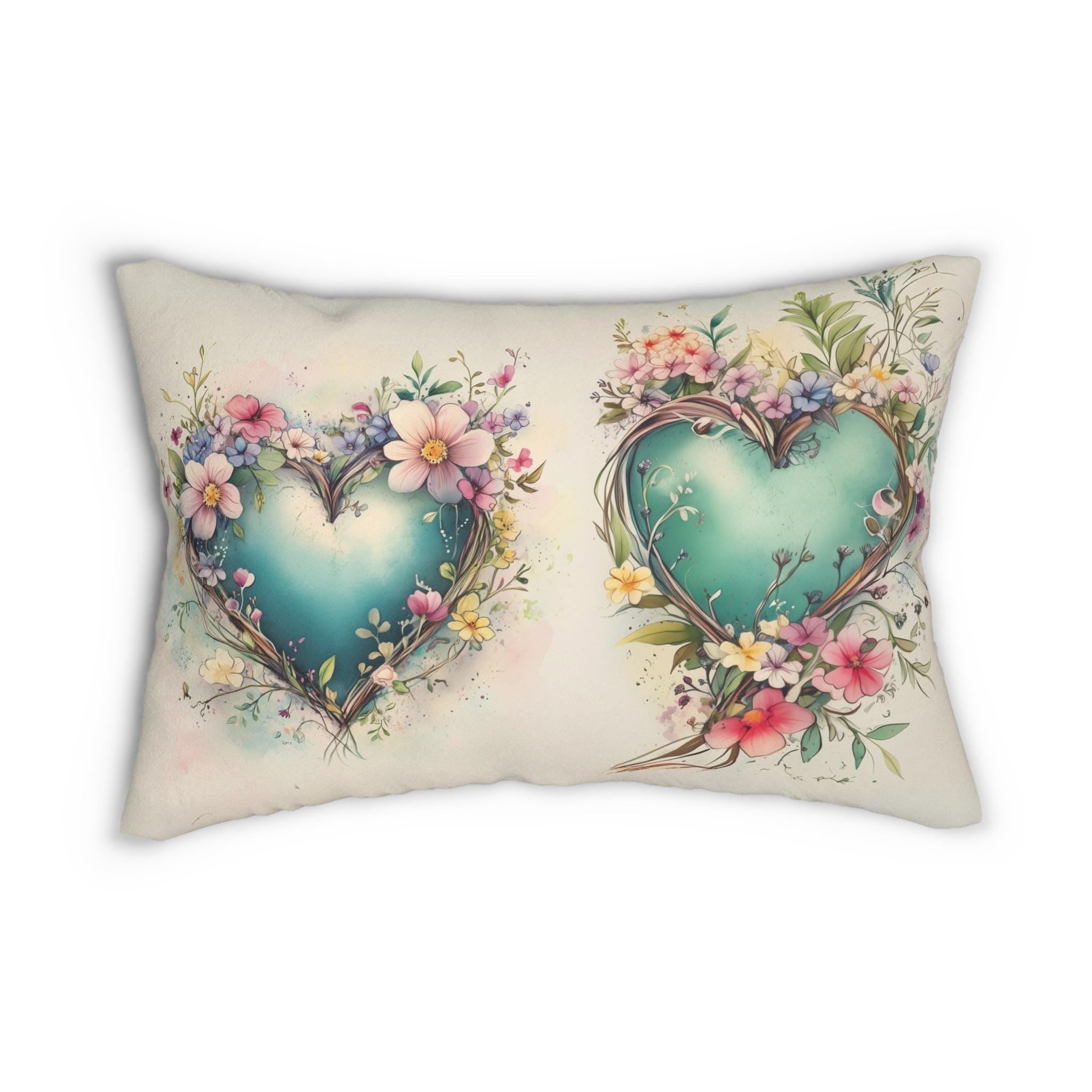 Floral Heart Wreath Lumbar Pillow: Romantic Home Decor Cushion