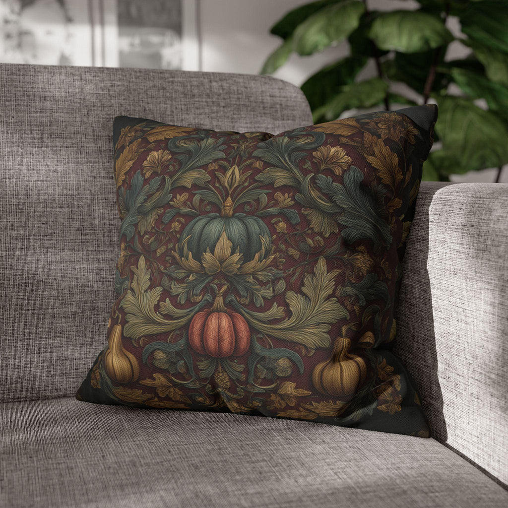 Fall Harvest Pillow Cover: William Morris Style with Pumpkins & Gourds on Merlot Red Wine