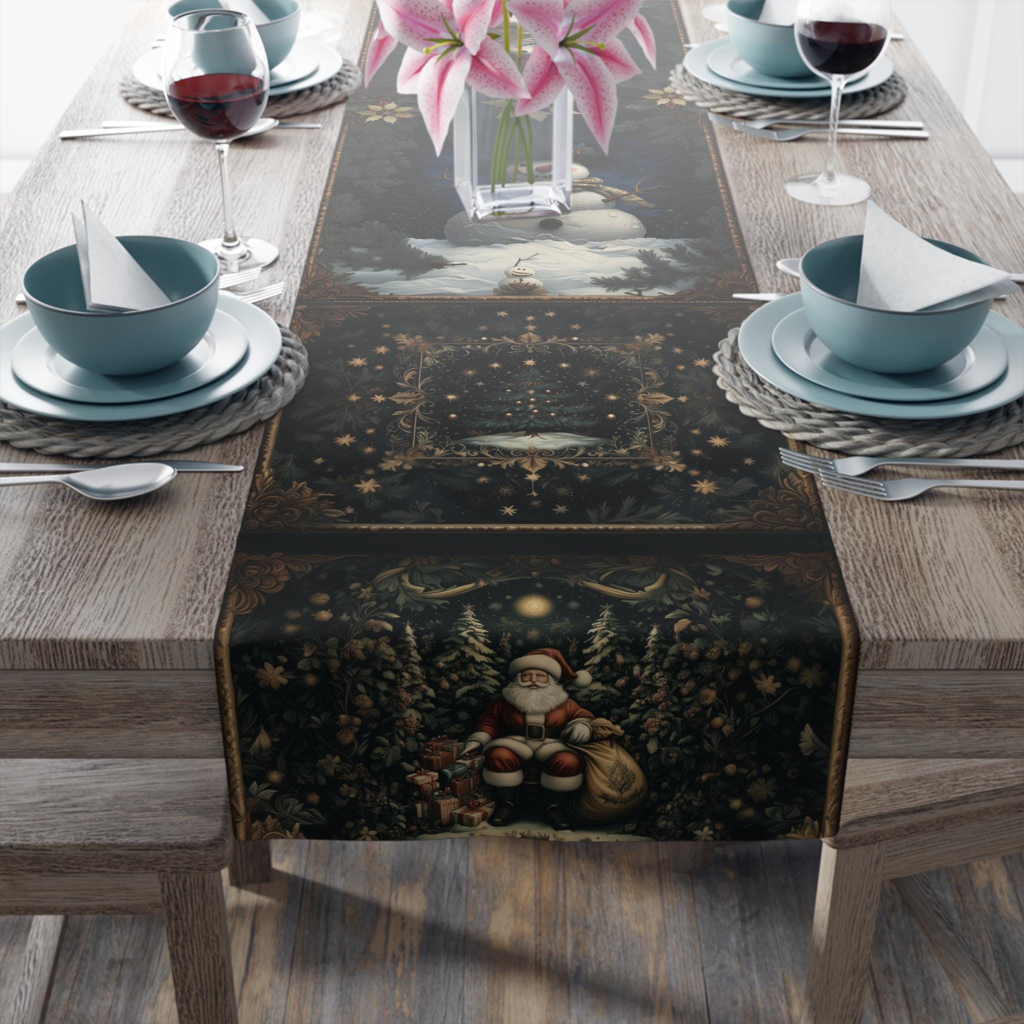 Vintage Style Snowman Table Runner: William Morris Inspired Christmas Decor in Navy, Gold & Cranberry