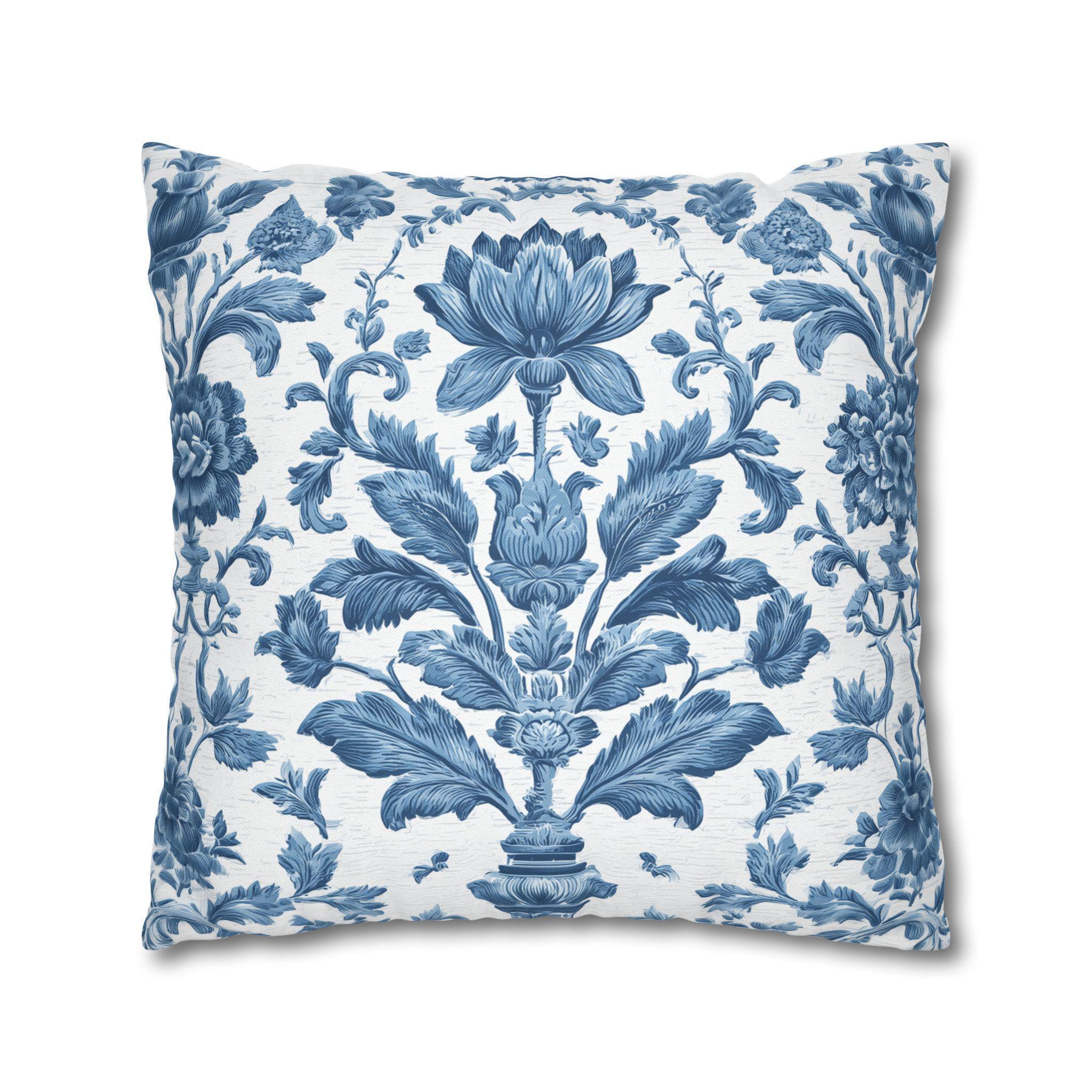 Jacobean Floral Pillow Cover: Vintage Style Blue & White Traditional Botanical Cushion for Classic Decor