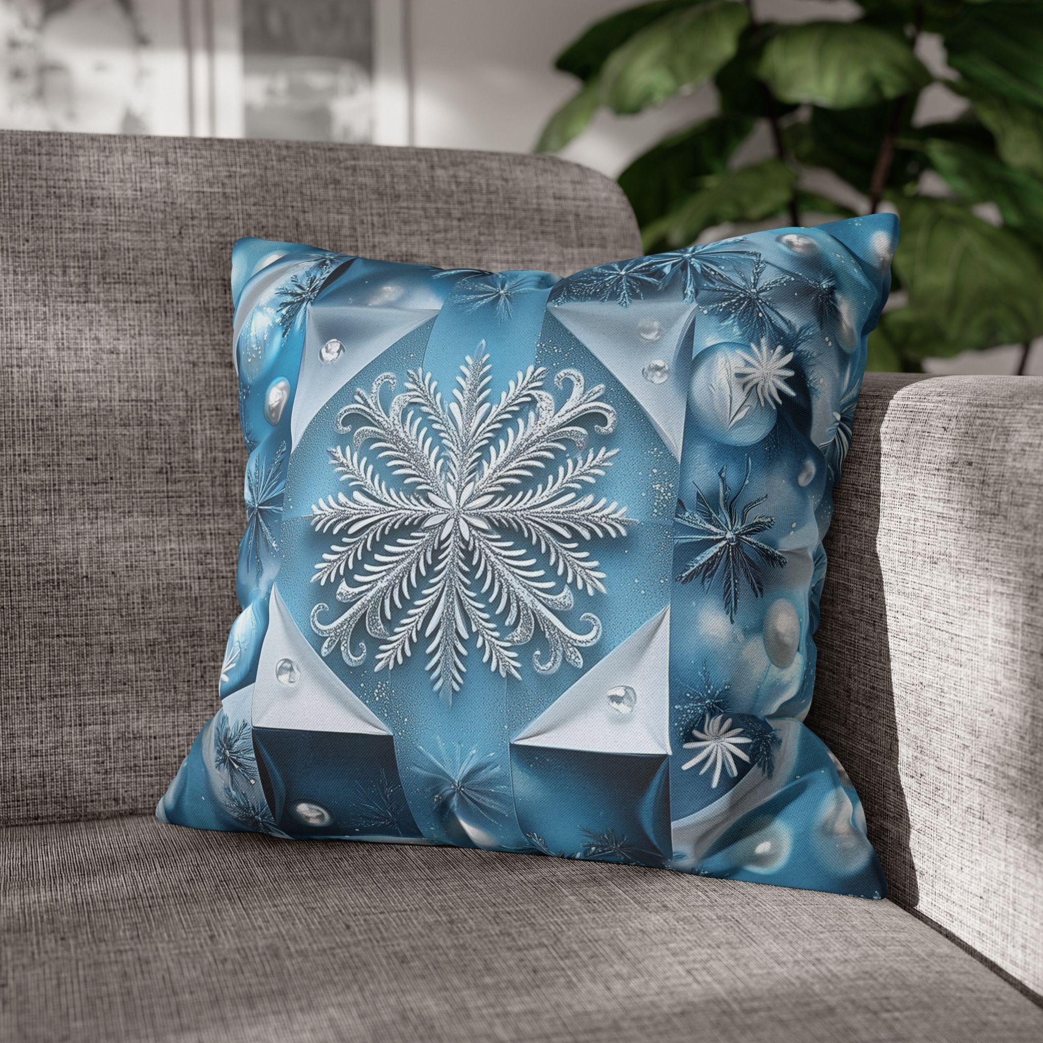 Icy Blue Frozen Snowflake Pillow Cover, with Silver & White Winter Home Decor Pillowcase