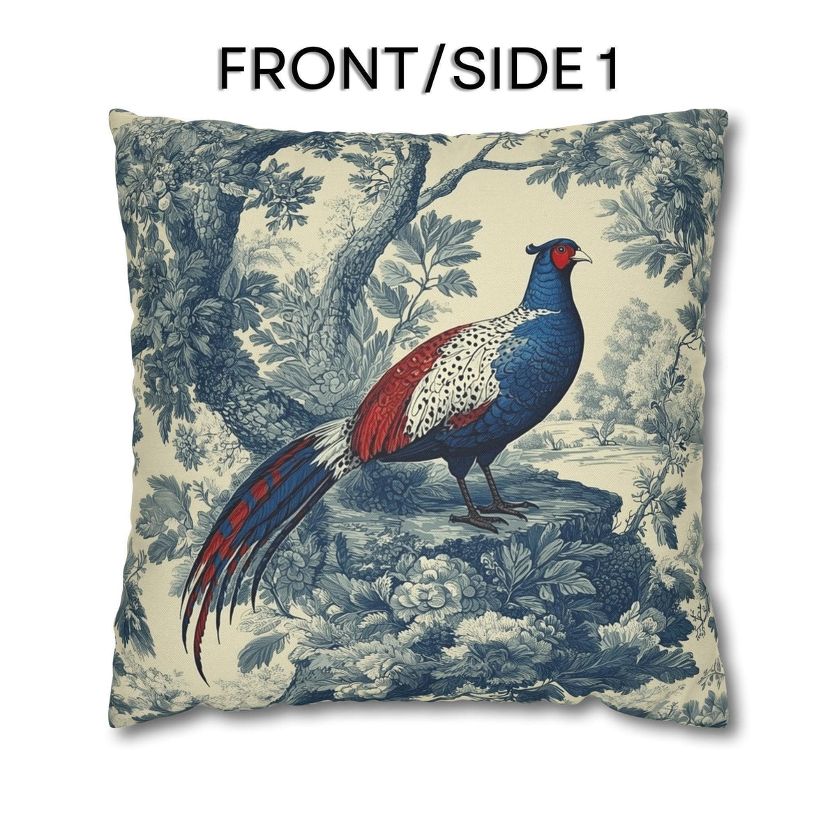 French Country Blue Pheasant Pillow Cover: Vintage Toile Bird and Botanical Design