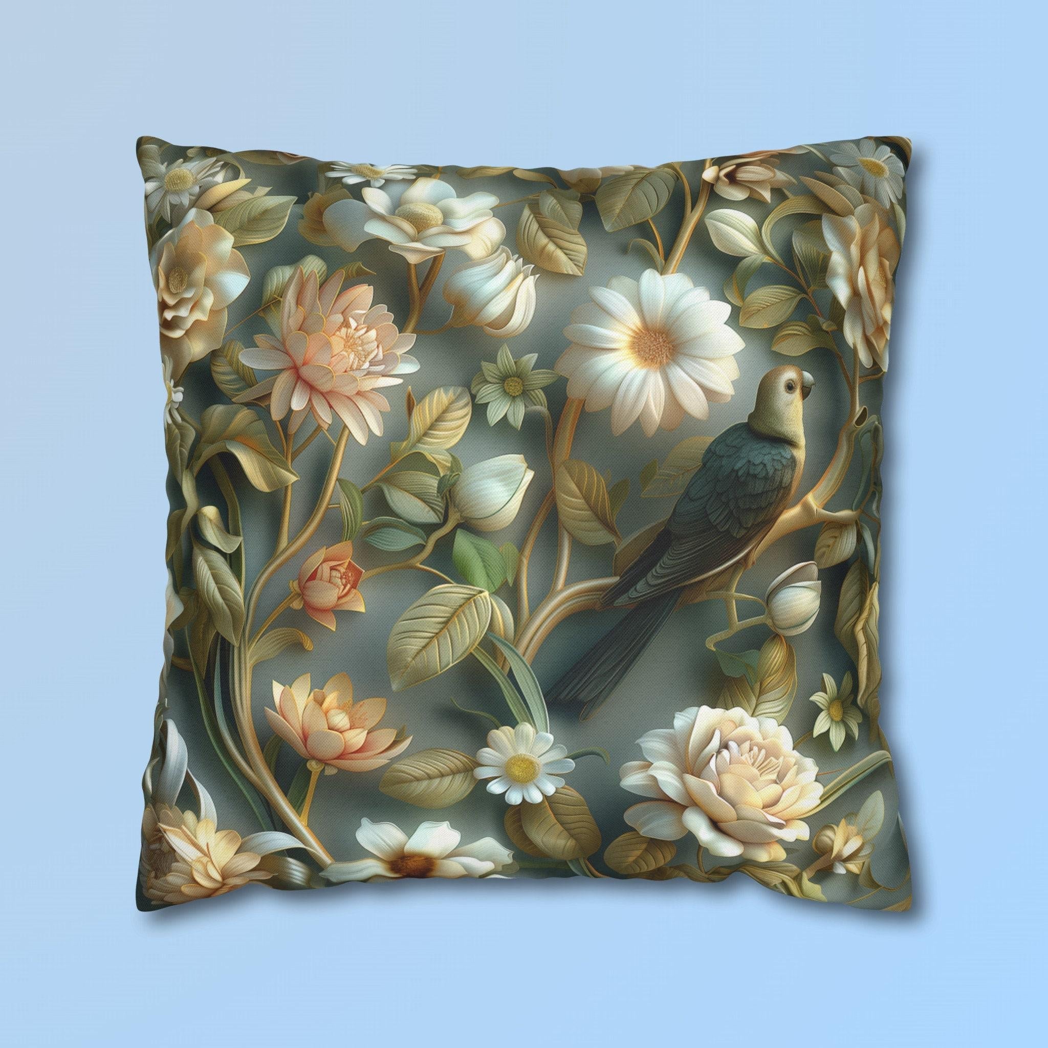 William Morris Pillow Cover | Green Conure, Floral Bird Art