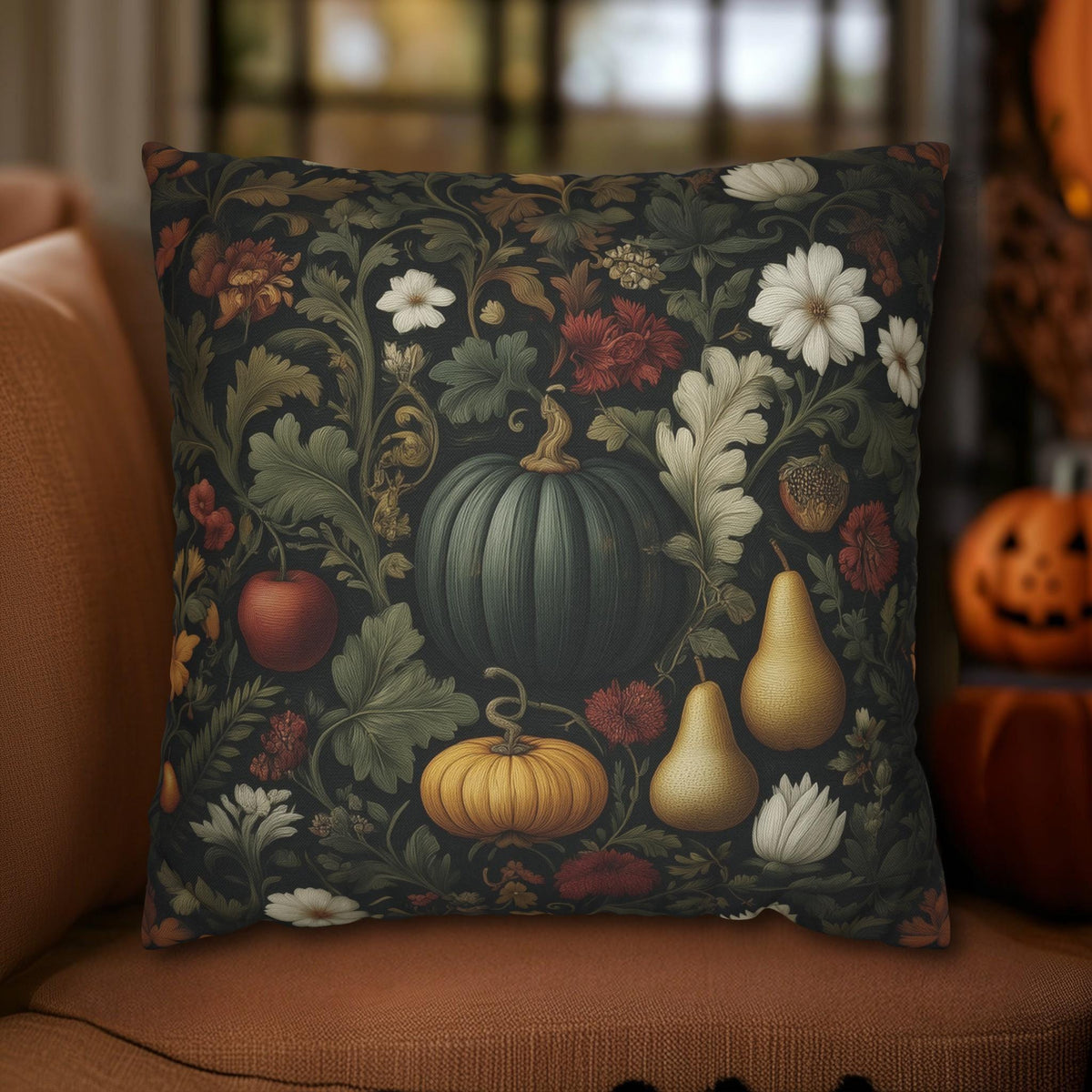 William Morris Inspired Pillow Cover: Midnight Harvest with Pumpkins, Pears & Florals