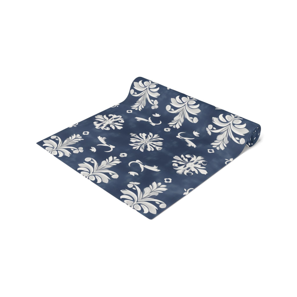 Elegant Navy Blue & White Damask Table Runner for Wedding, Dining Room, and Home Decor