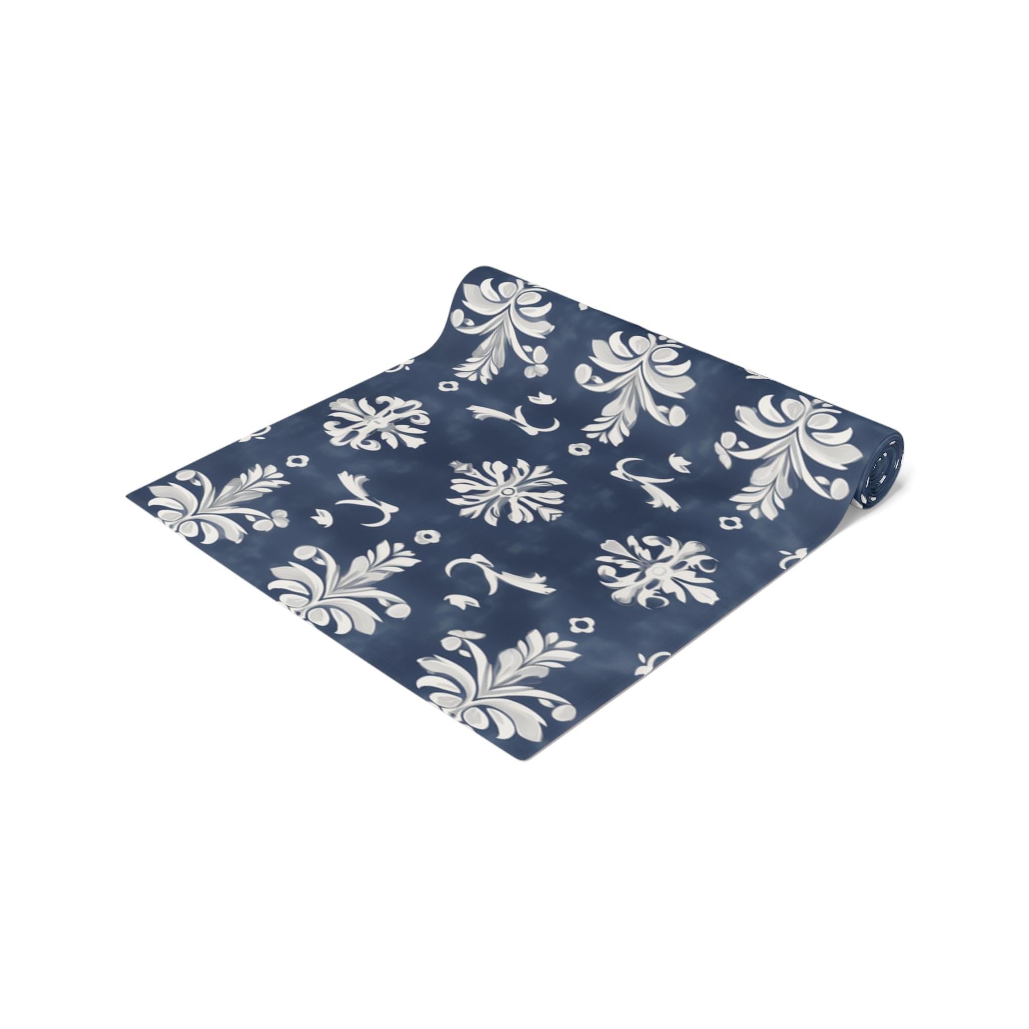 Elegant Navy Blue & White Damask Table Runner for Wedding, Dining Room, and Home Decor