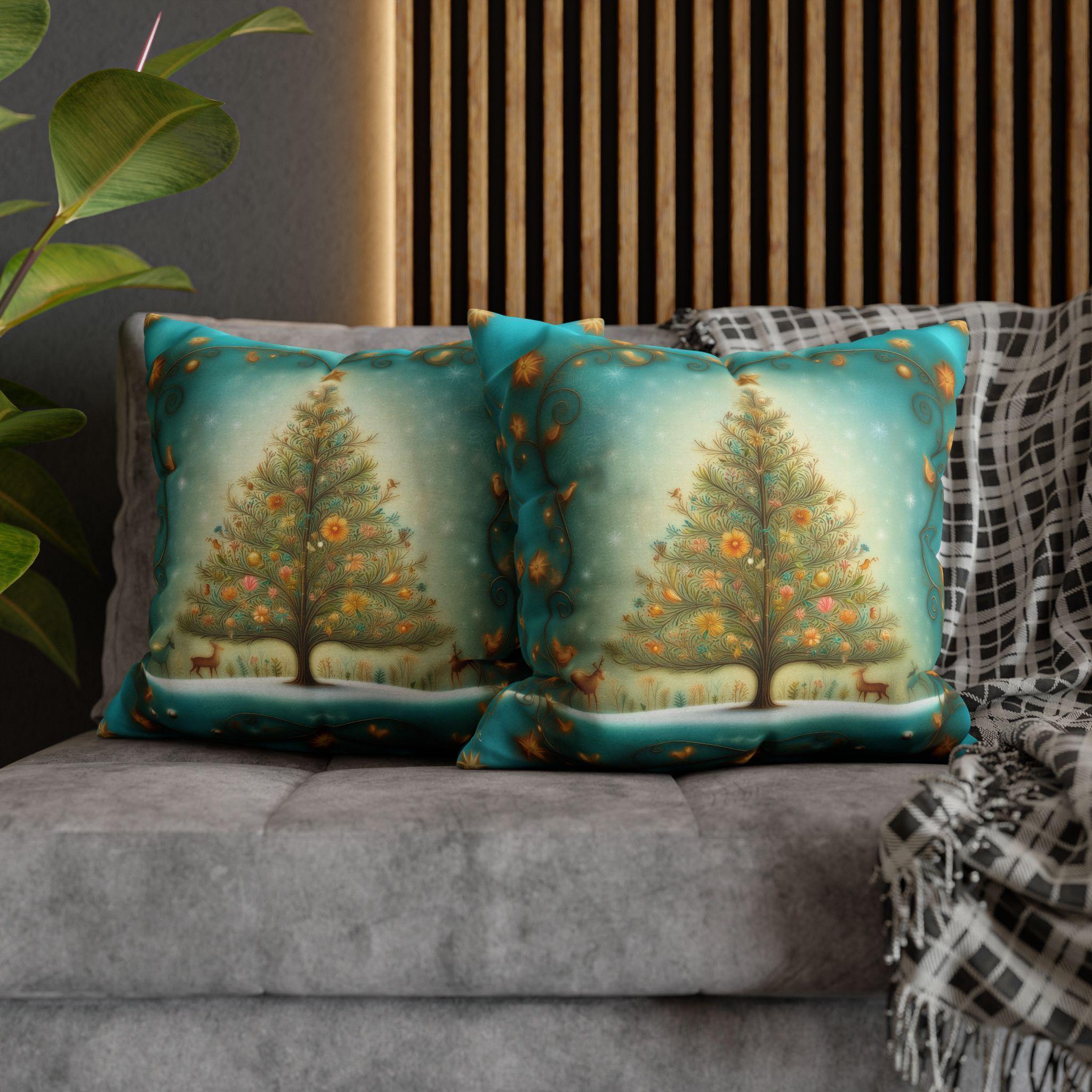 Vintage Style Teal Blue Christmas Tree Pillow Cover: Floral Winter Scene with Gold Accents