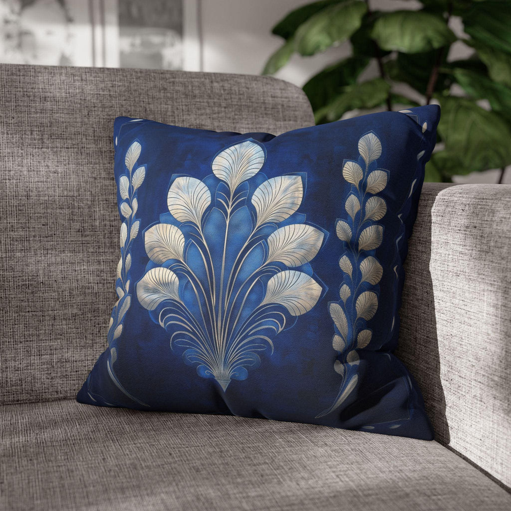 Sapphire Blue Art Deco Pillow Cover: Silver Fan, Hollywood Glam