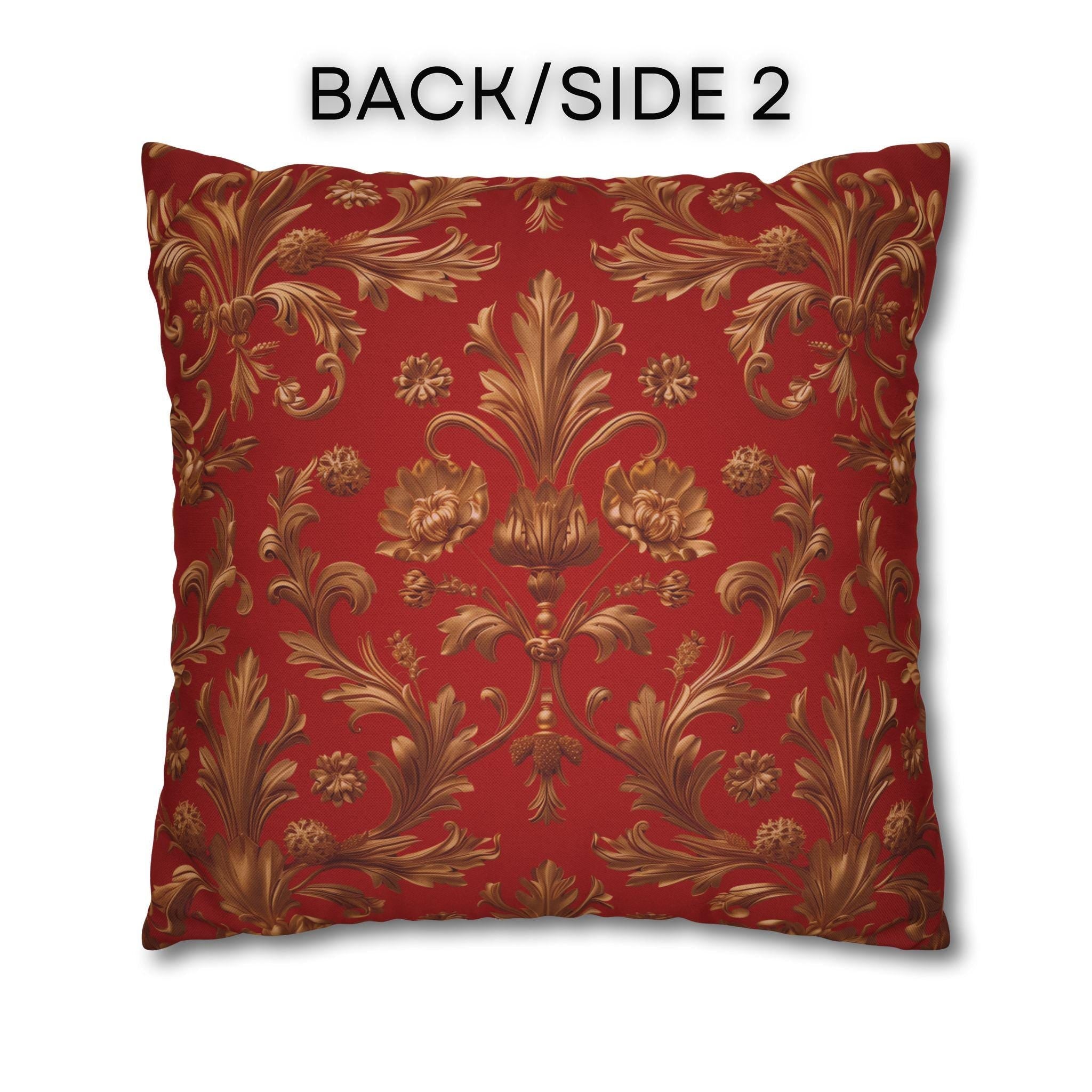 Baroque Floral Christmas Pillowcase: Rich Red, Antique Gold Spun Polyester Square Throw Pillow Cover