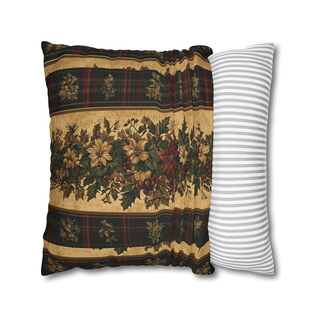 Plaid Botanical Stripes Christmas Throw Pillow Cover: Vintage Style with Poinsettias and Holly