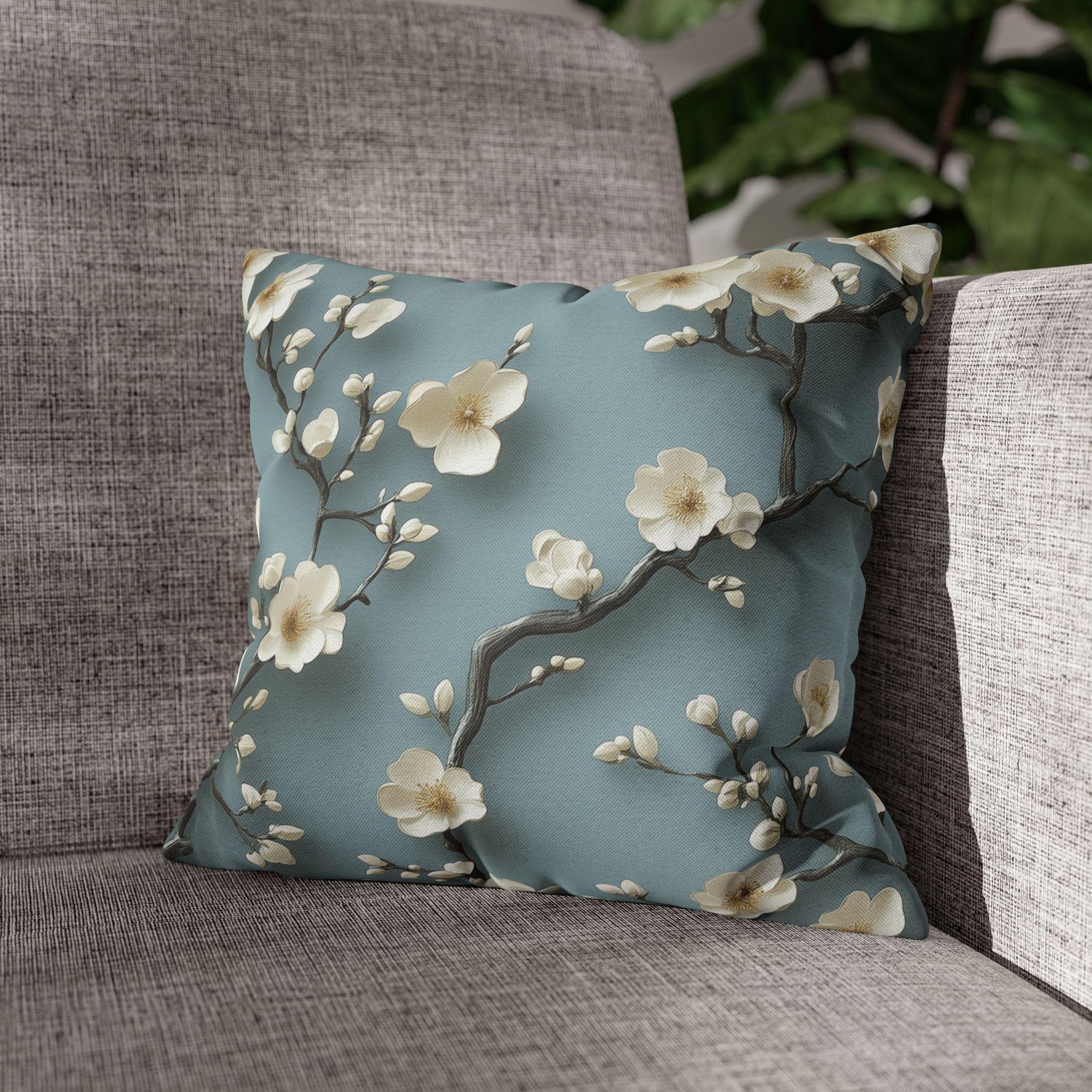 Elegant Chinoiserie Pillowcase: Blue-Teal Gradient Cherry Blossom Design for Home Decor
