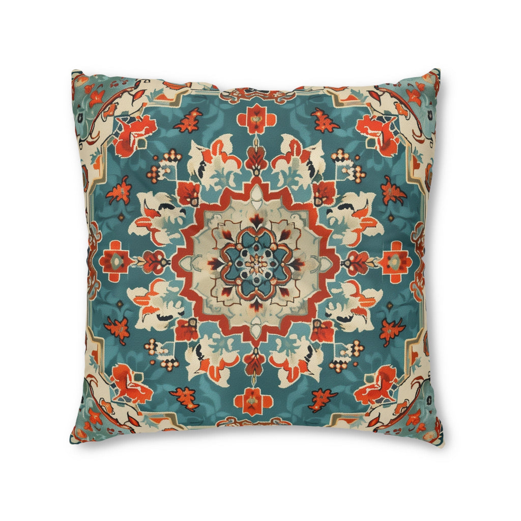 Turkish Kilim-Inspired Tufted Floor Cushion: Vibrant Teal & Coral Medallion Design for Bohemian Seating