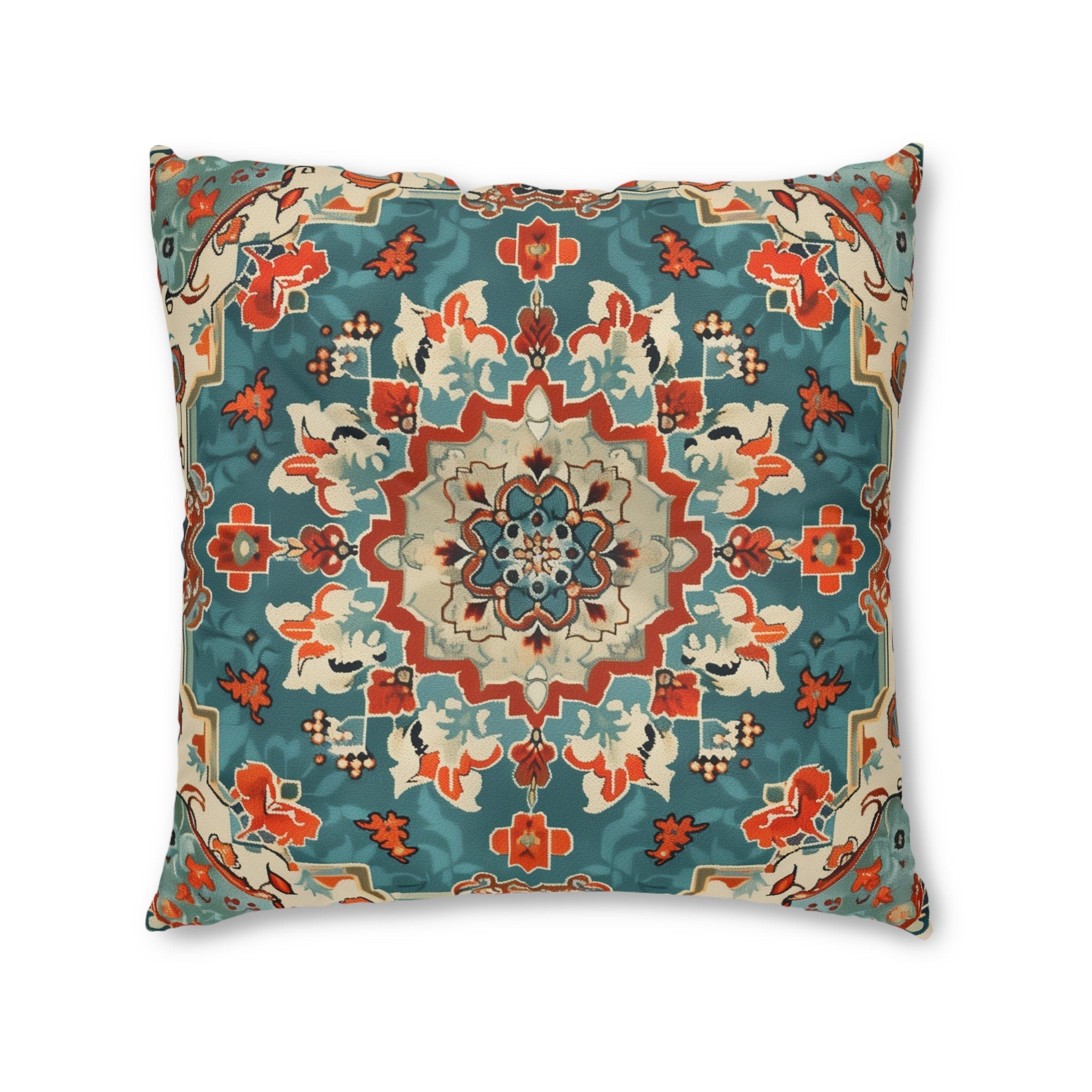 Turkish Kilim-Inspired Tufted Floor Cushion: Vibrant Teal & Coral Medallion Design for Bohemian Seating