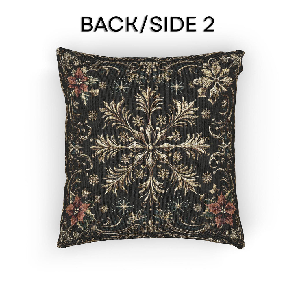 Christmas Woven Throw Pillow, Ivory Gold Snowflakes and Red Poinsettias on Deep Charcoal