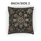 Christmas Woven Throw Pillow, Ivory Gold Snowflakes and Red Poinsettias on Deep Charcoal