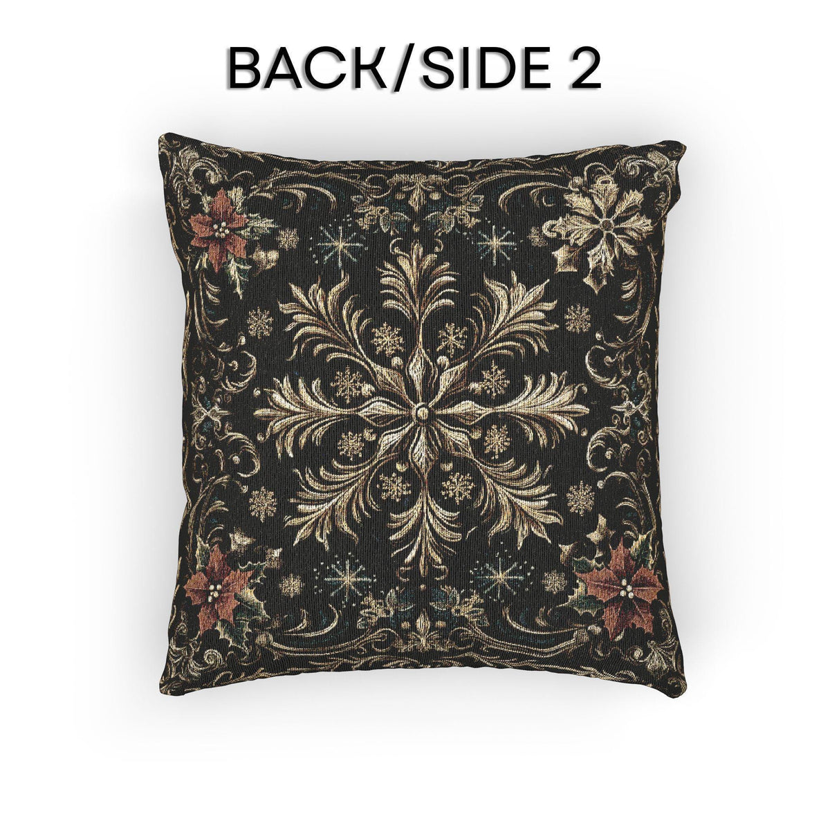 Christmas Woven Throw Pillow, Ivory Gold Snowflakes and Red Poinsettias on Deep Charcoal