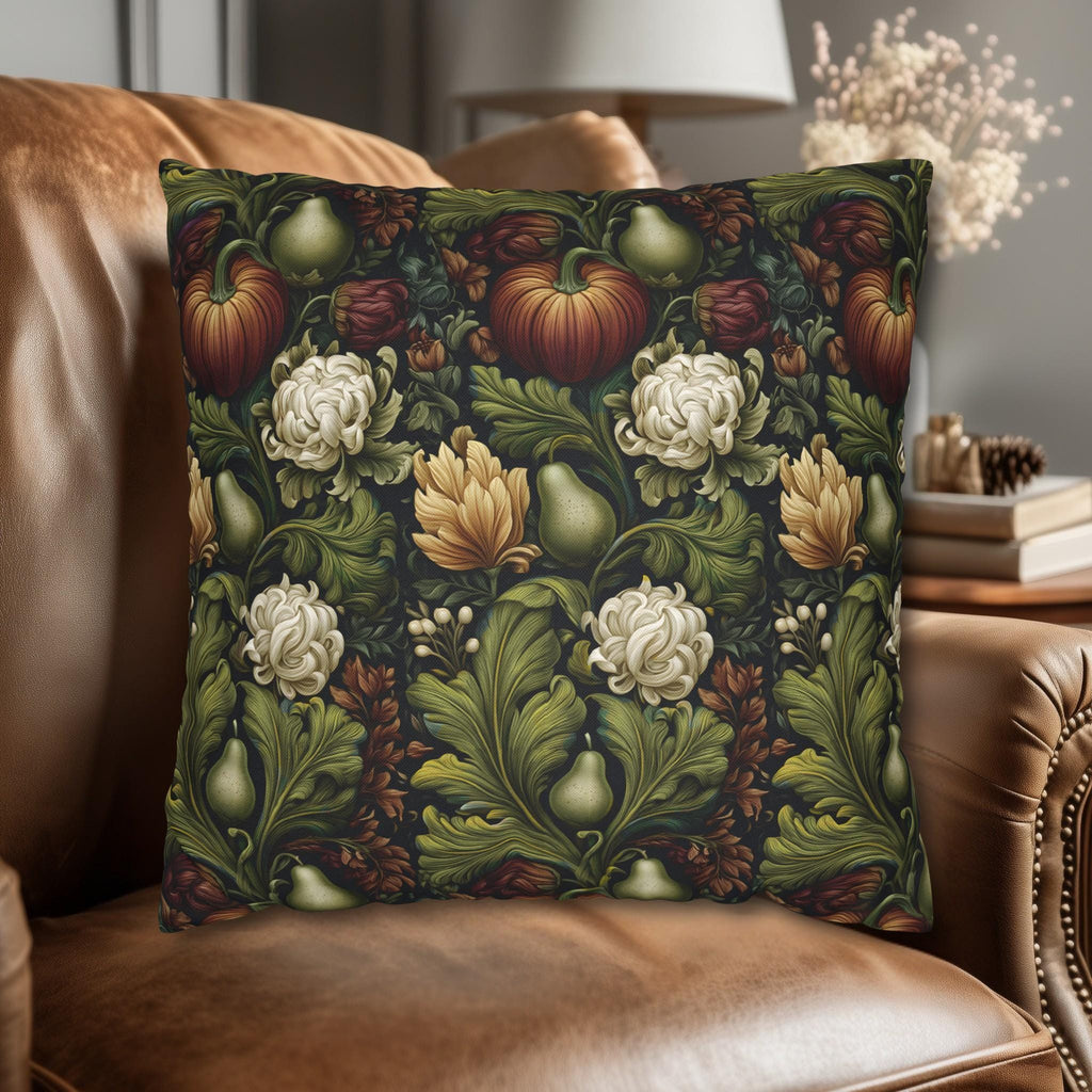 William Morris Inspired Fall Pillow Cover: Pumpkins, Pears, and Ivory Florals on Charcoal