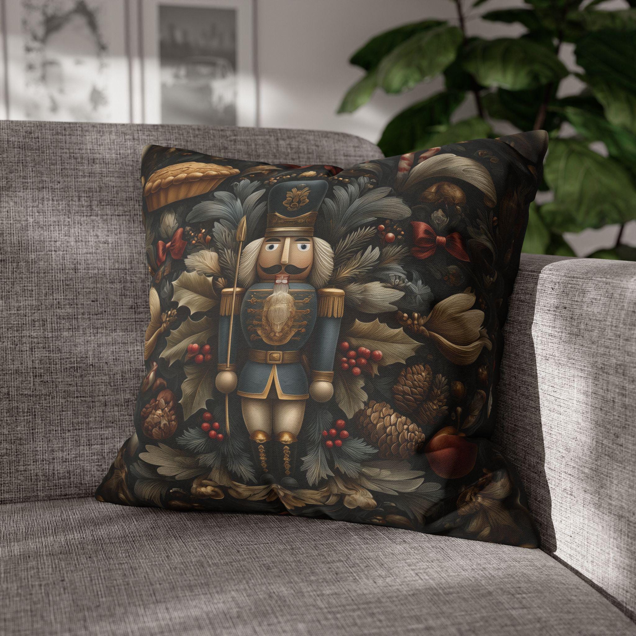 William Morris Inspired Nutcracker Christmas Pillow: Elegant Holiday Decor in Gray-Green, Gold & Red