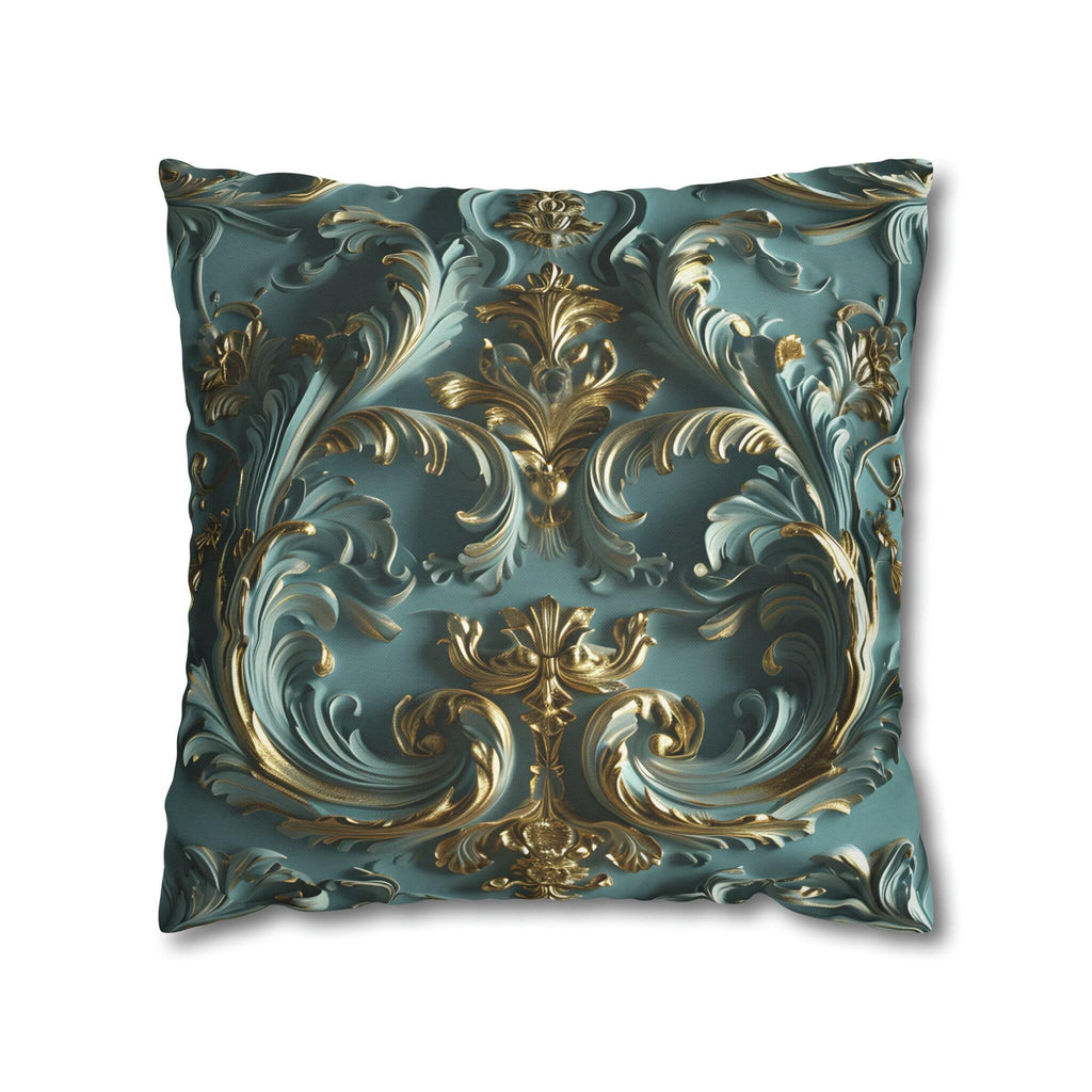 Luxurious Rococo Square Throw Pillow Cover: Teal and Soft Gold Cushion Case