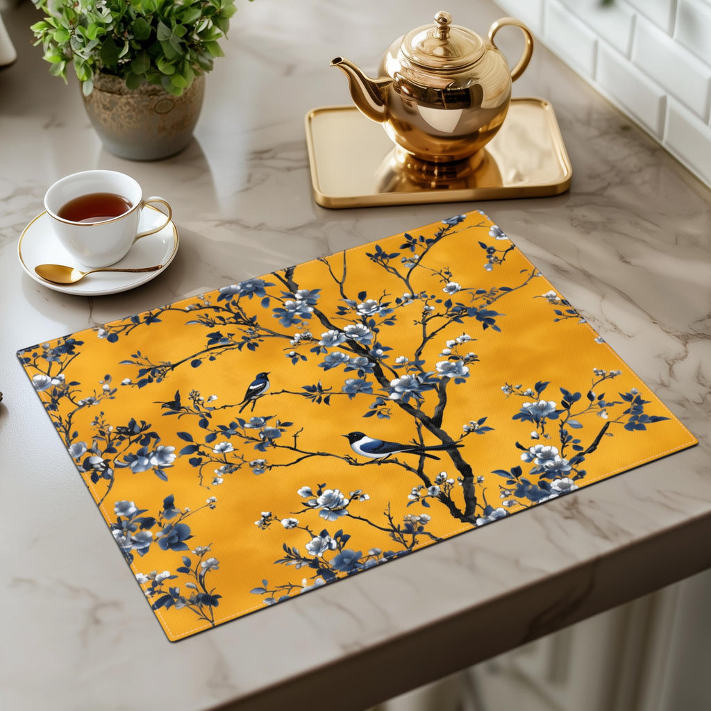 Chinoiserie Bird Placemat: Golden Yellow & Blue Floral Cotton Twill