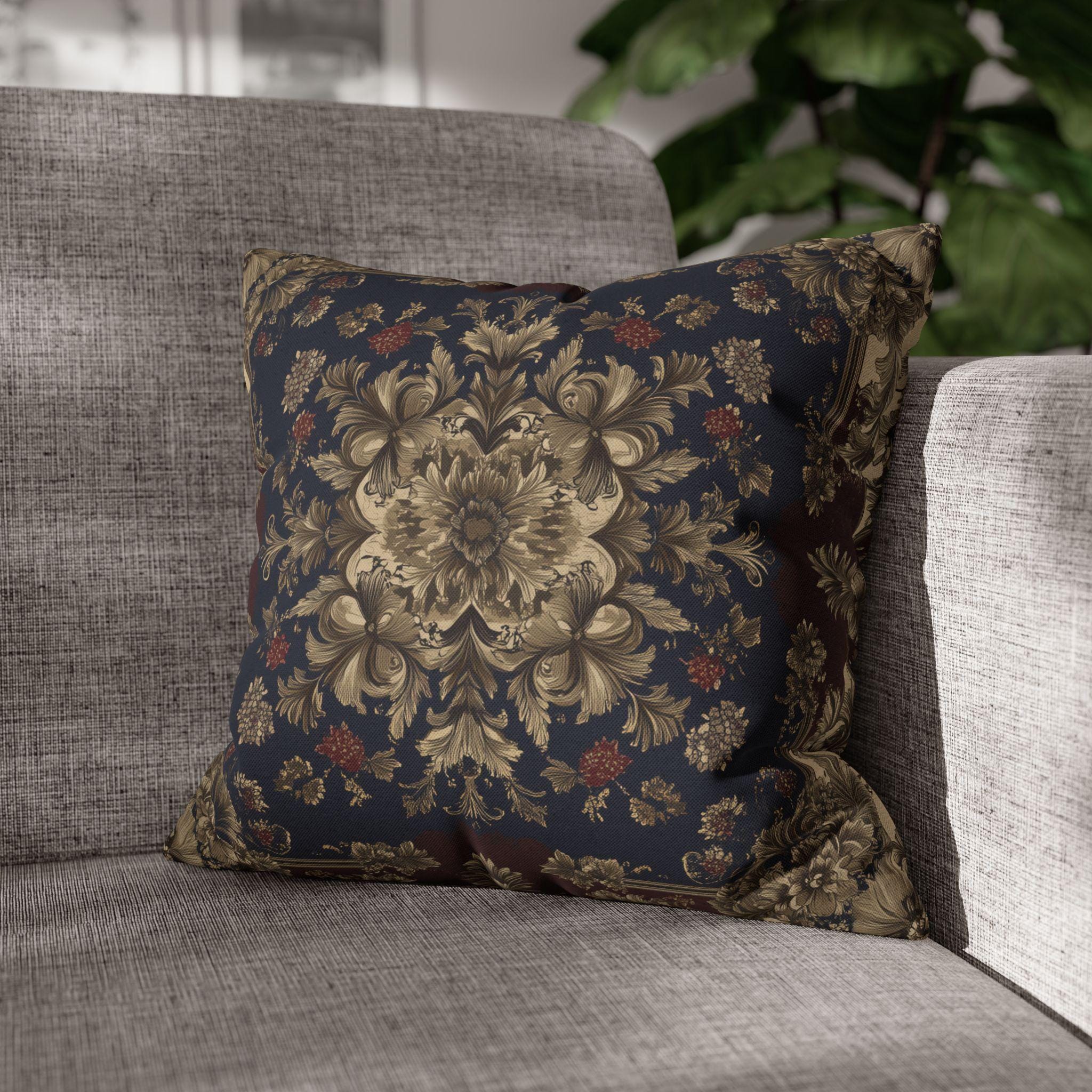Elegant Vintage-Inspired Tapestry Pillow Cover: Gold Floral Medallion on Navy and Burgundy