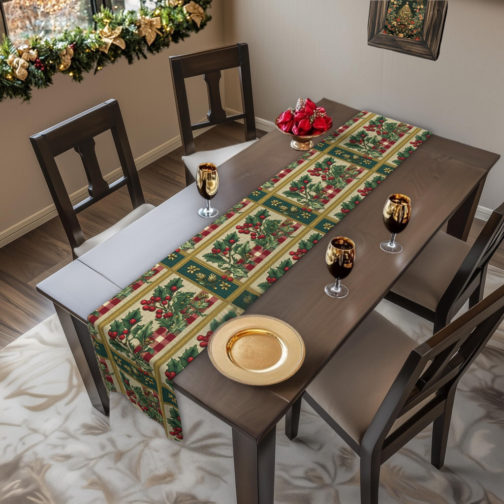 Gingham & Holly Christmas Table Runner: Classic Vintage Holiday Style with Stripes