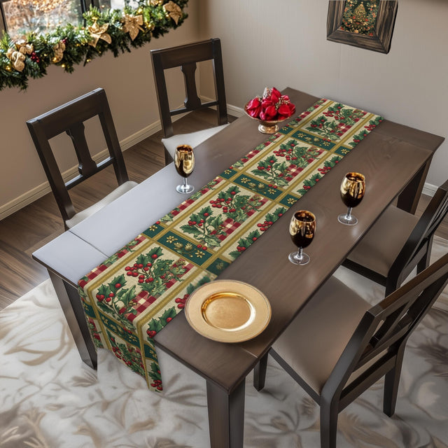 Gingham & Holly Christmas Table Runner: Classic Vintage Holiday Style with Stripes
