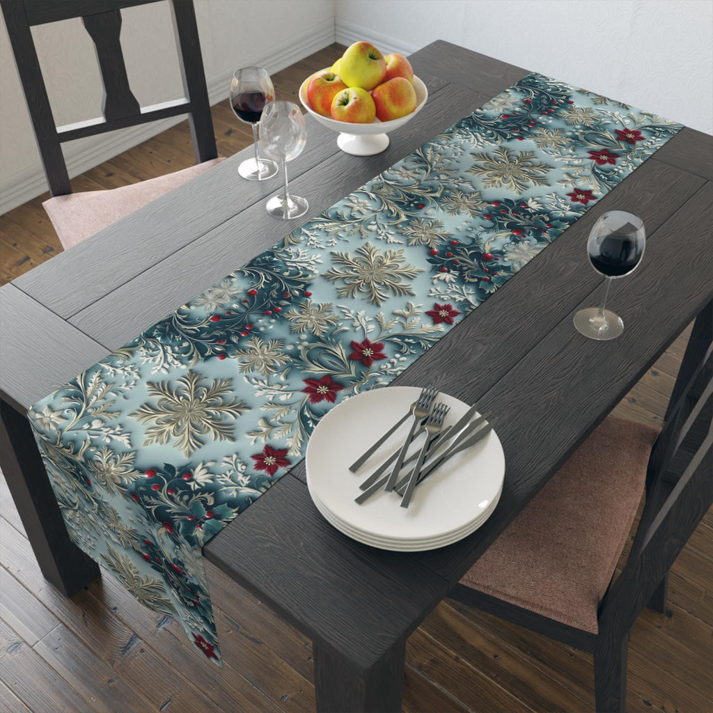 Elegant Blue Chinoiserie Christmas Table Runner: Snowflake & Holly Design for Holiday Dining Decor