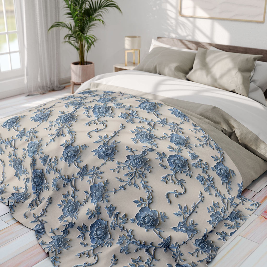 Blue Floral Chinoiserie Fleece Throw Blanket: Elegant Home Decor