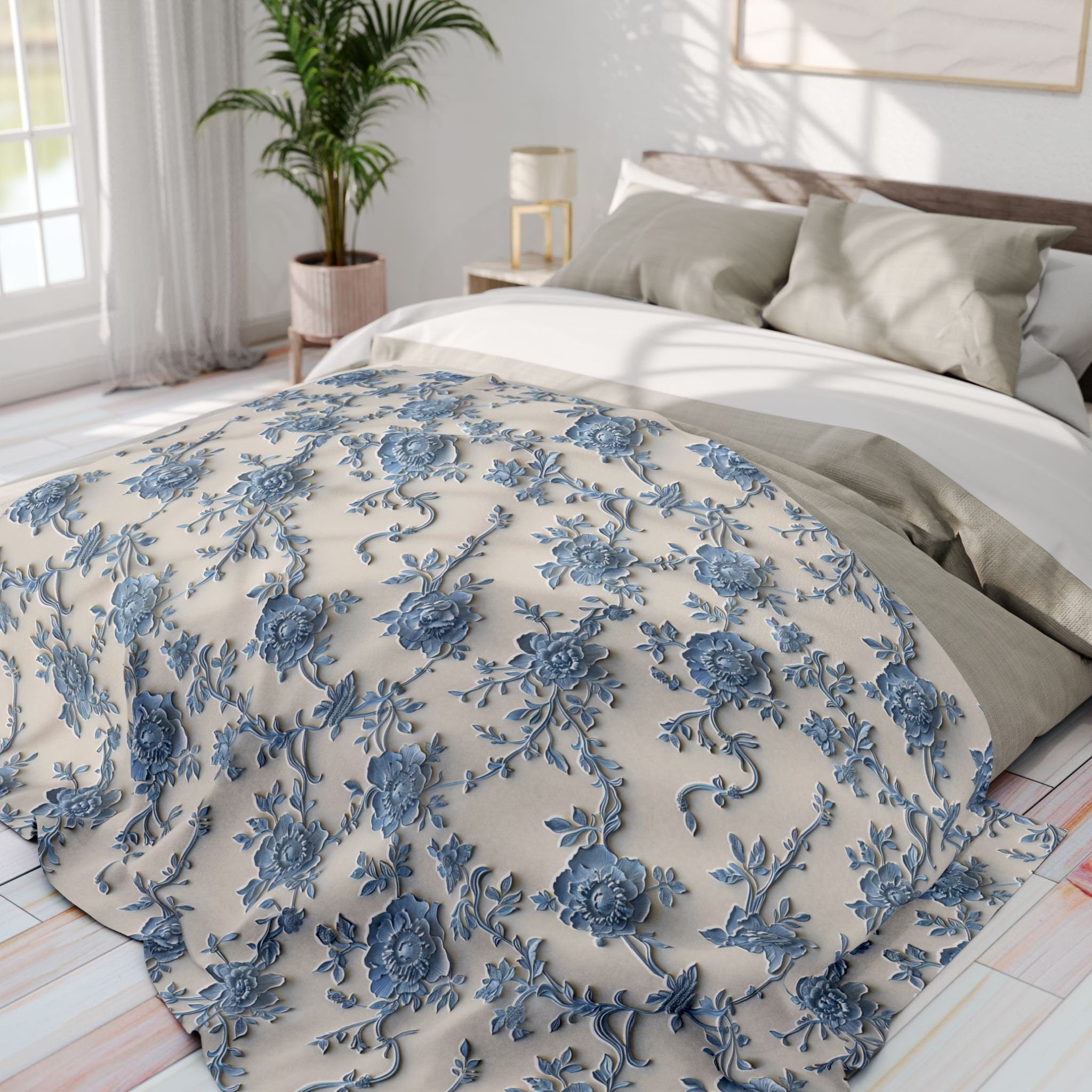 Blue Floral Chinoiserie Fleece Throw Blanket: Elegant Home Decor
