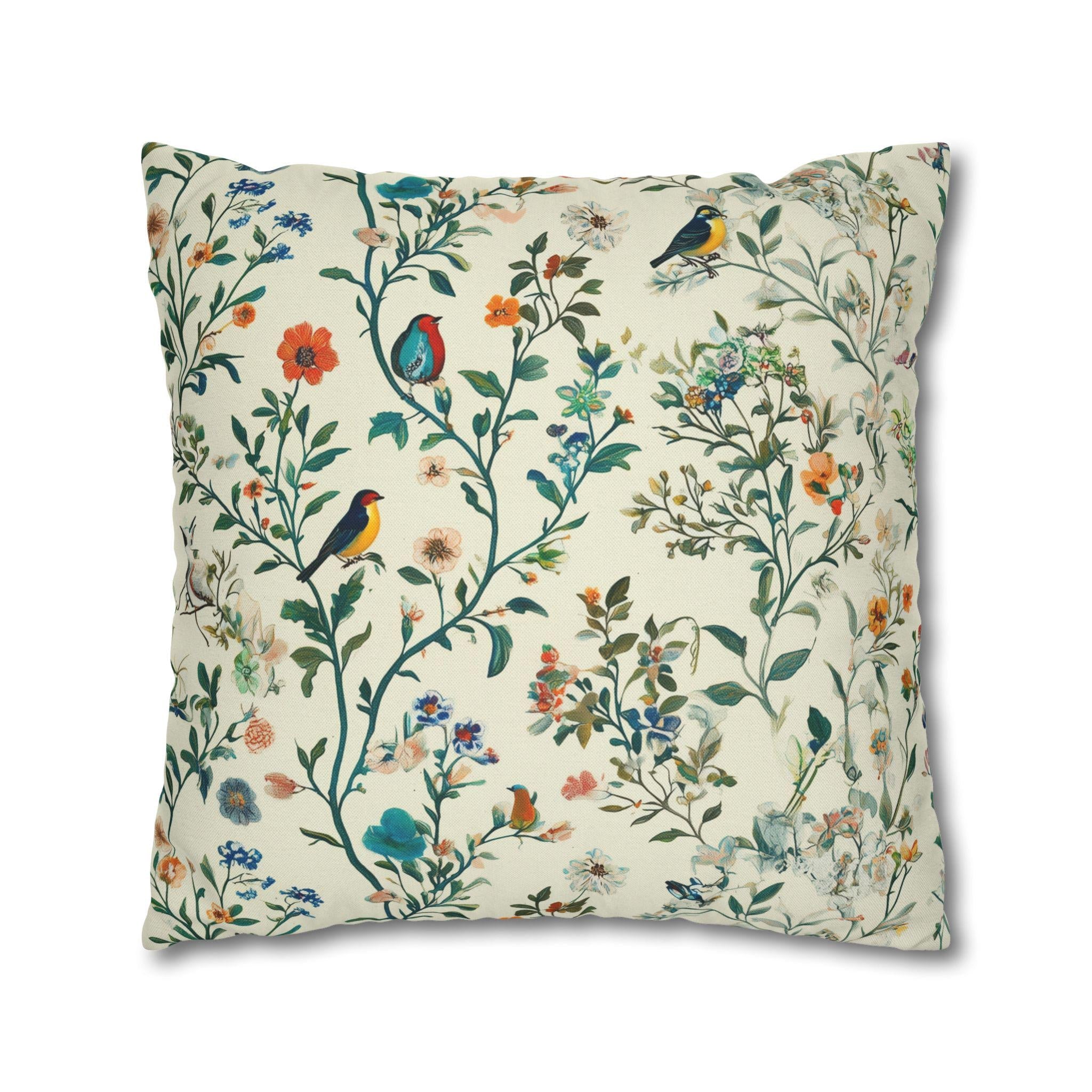 Vintage Chinoiserie Bird Pillow Cover: Cream Floral Botanical Cushion