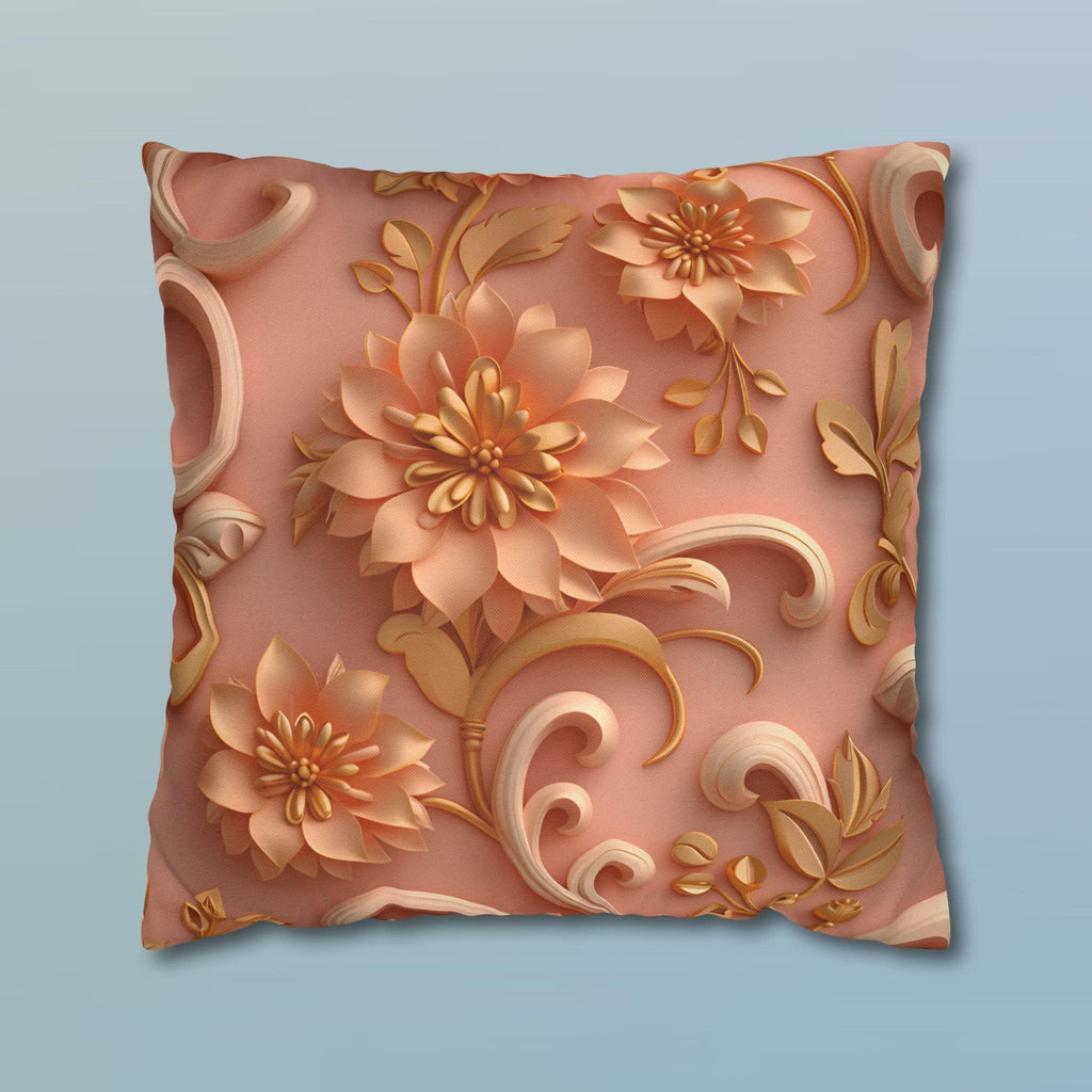 Peach Floral Rococo Pillow Cover: Gold Botanical Accent, Luxury Home Decor