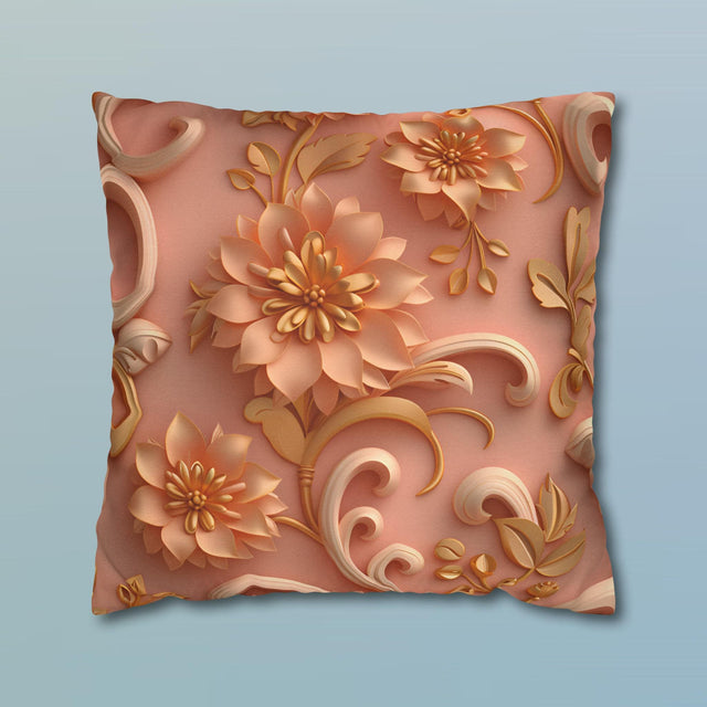 Peach Floral Rococo Pillow Cover: Gold Botanical Accent, Luxury Home Decor